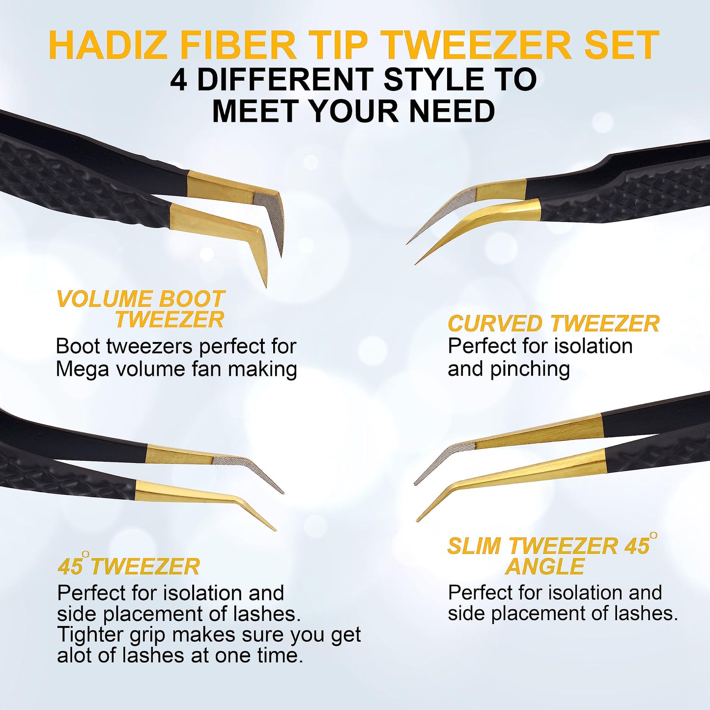 HADIZ Set of 4 Fiber Tip Diamond Grip Eyelash Extensions Tweezers Japanese Stainless Steel Lash Tweezer(Black) Beauty and Personal Care HADIZ
