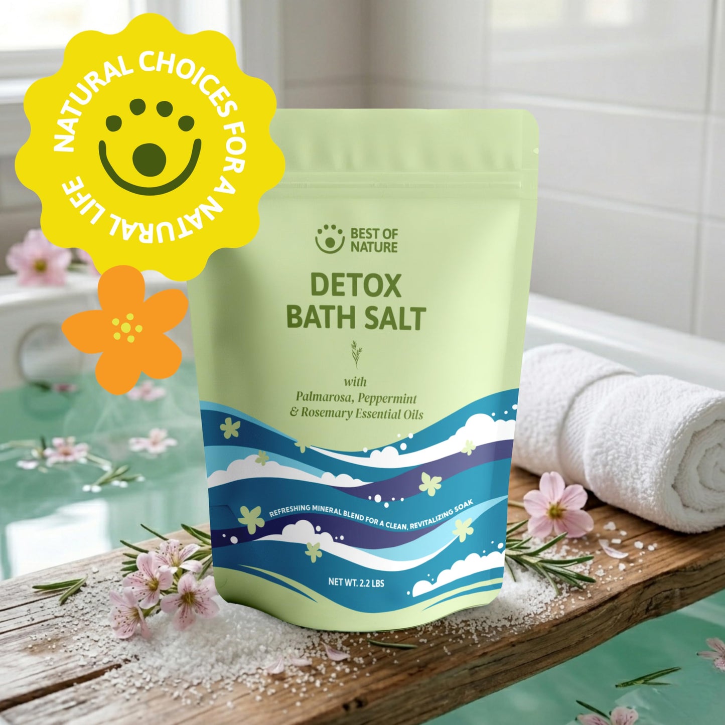 Best of Nature Detox Epsom Salt Bath Soak with Peppermint, Rosemary & Palmarosa Essential Oils, Mineral-Rich Bath Salts, Resealable Bag, 2.2 lb Beauty and Personal Care Best of Nature