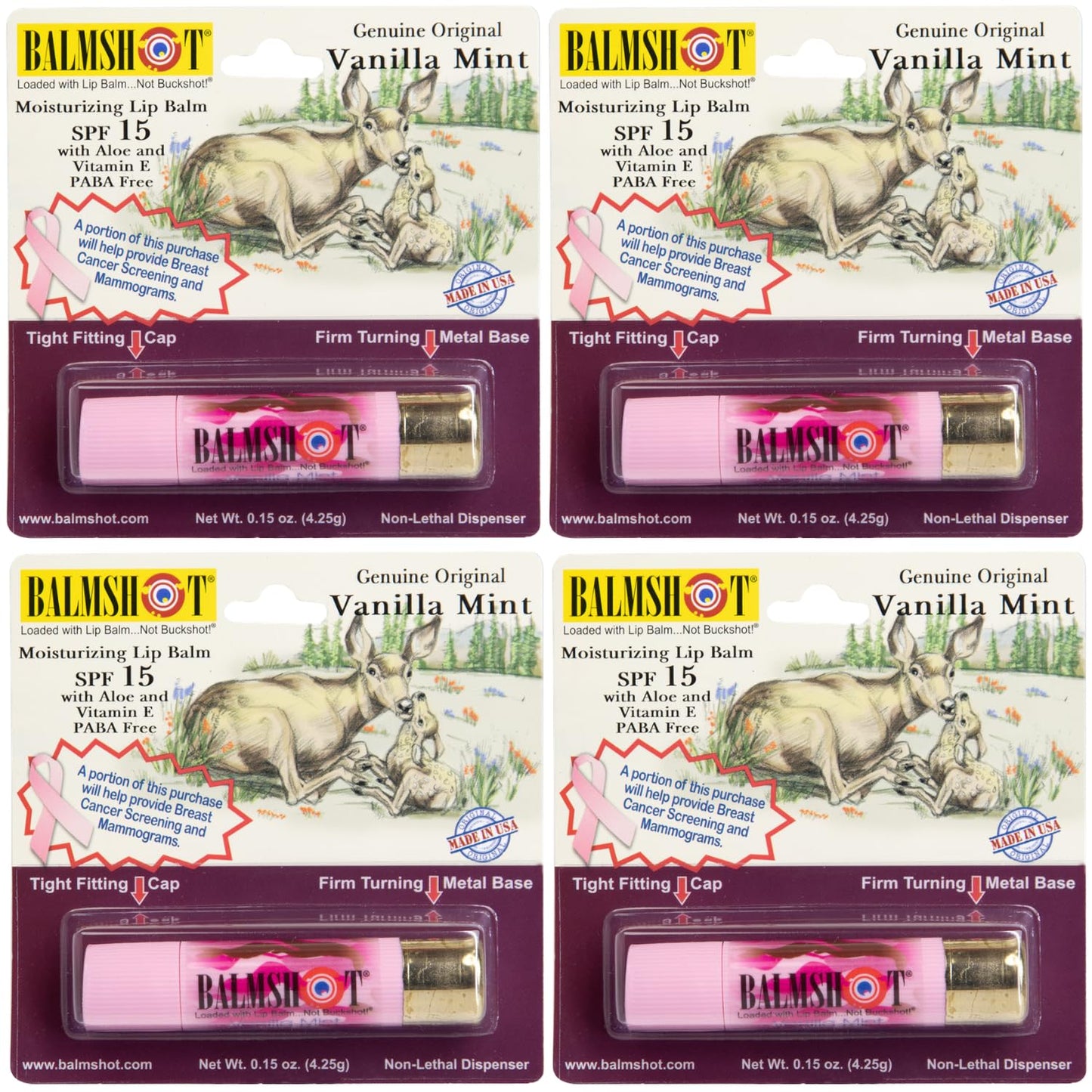 BALMSHOT Camo Vanilla Mint Lip Balm SPF 15 (4-Pack) - Beeswax Chapstick in 20-Gauge Brass Shotgun Shell Tube, Outdoor Lip Protector for Hunting Beauty and Personal Care Balmshot