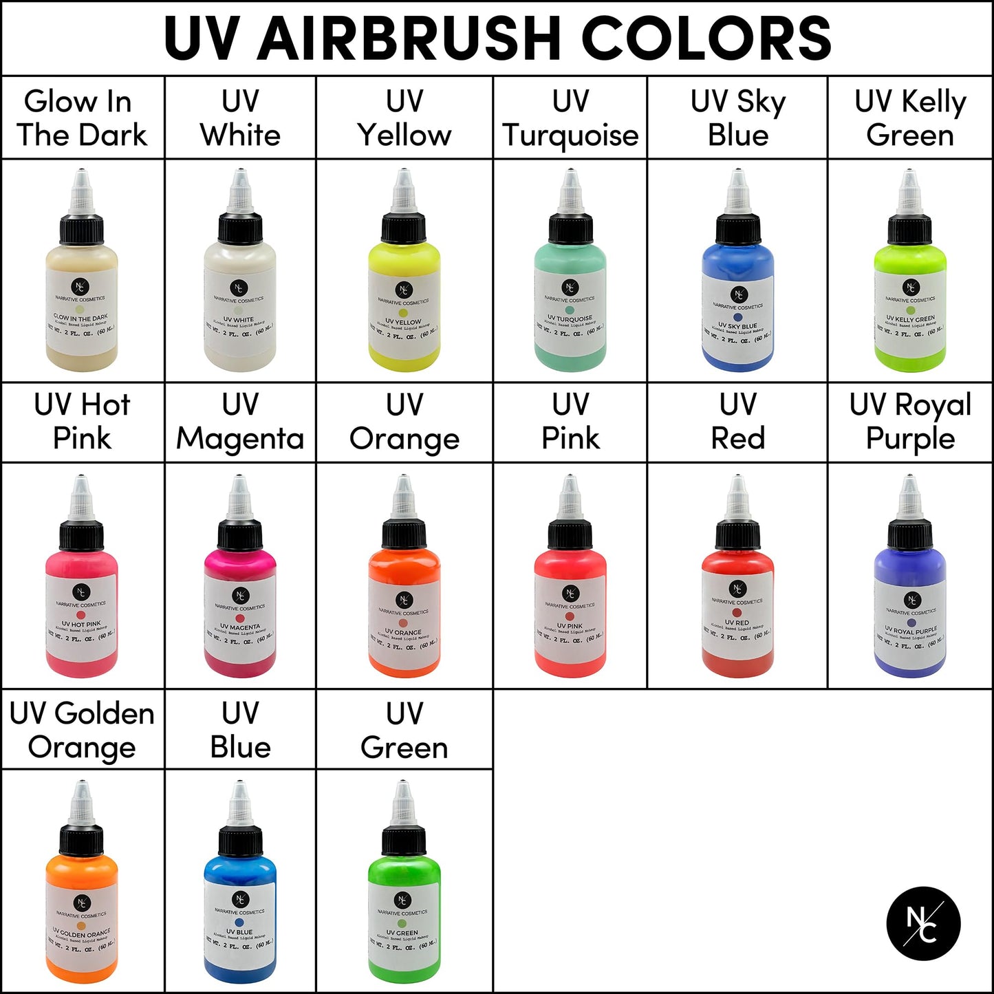 Narrative Cosmetics UV Fluorescent Alcohol Airbrush Paints - 2 fl oz, Glow Effect, Waterproof, Sweatproof, Highly Pigmented Liquid Makeup Beauty & Personal Care Narrative Cosmetics