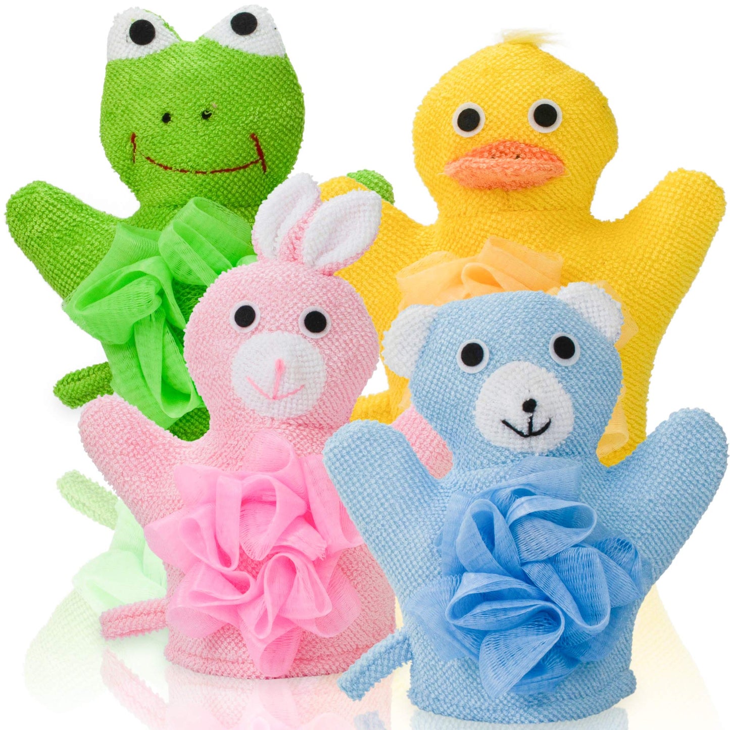 Made Easy Kit Hand Puppet Bath Wash Mitt Towel with Animal Designs with Loofahs for Fun Interactive Bathing Time (Green Yellow Pink Blue) Beauty and Personal Care Made Easy Kit