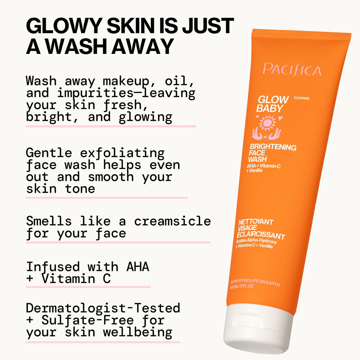 Pacifica Glow Baby Brightening Facial Cleanser 5oz - Vitamin C & Glycolic Acid (AHA) Face Wash for Radiance - Daily Cleanser for Anti-Aging Beauty & Personal Care Pacifica