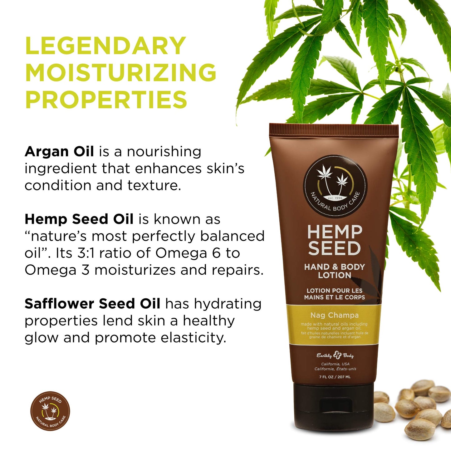 Hemp Seed Hand & Body Lotion, Nag Champa Scent - 7 Fl Oz - Soothe Dry Skin - Argan Oil, Hemp Seed Oil - Light, Non-Greasy Formula - Vegan & Cruelty Beauty & Personal Care Earthly Body