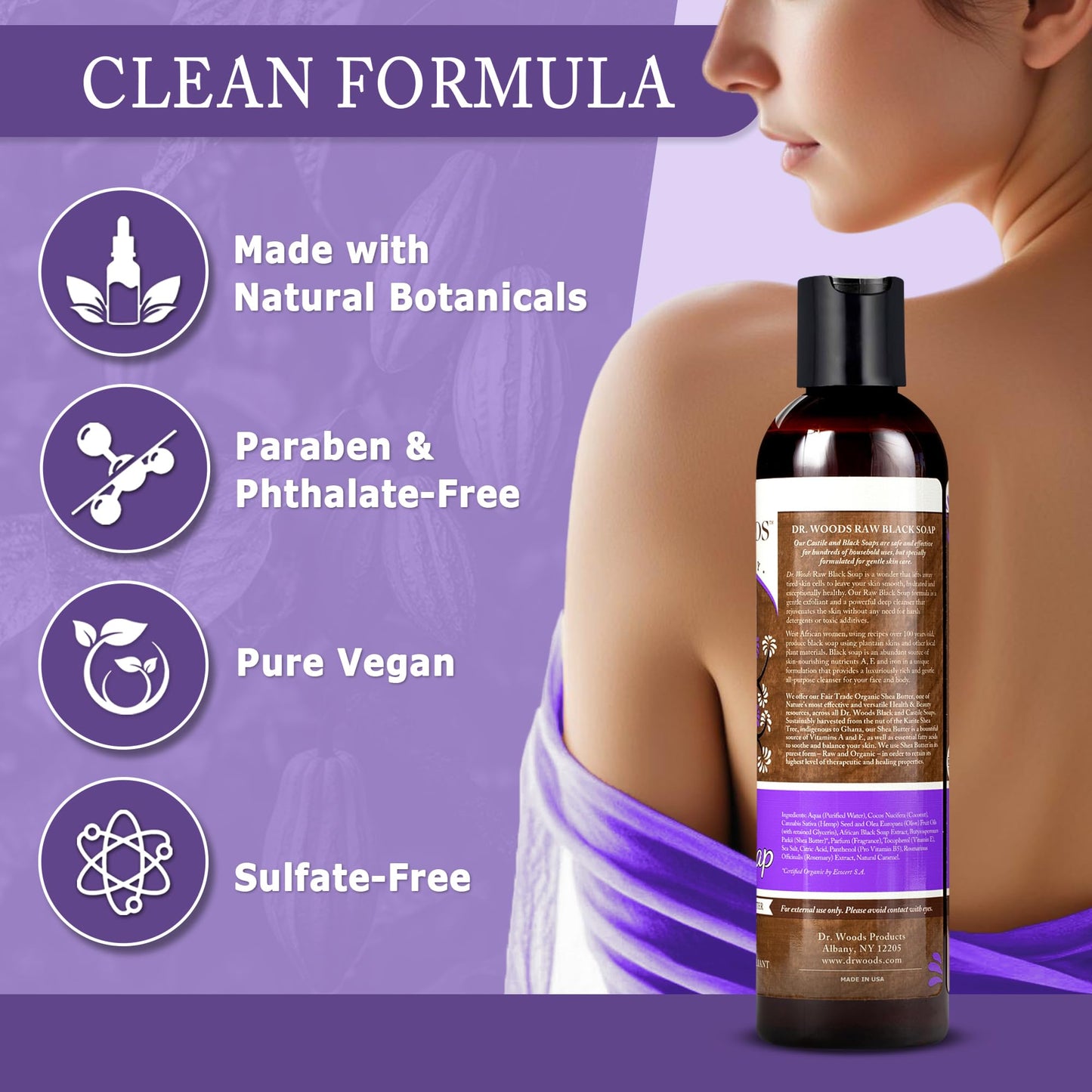 Dr. Woods Raw African Liquid Black Soap - Body Wash for Men and Women, Contains Organic Shea Butter, Gentle Exfoliant, Natural Cleanser for Face Beauty & Personal Care Dr. Woods