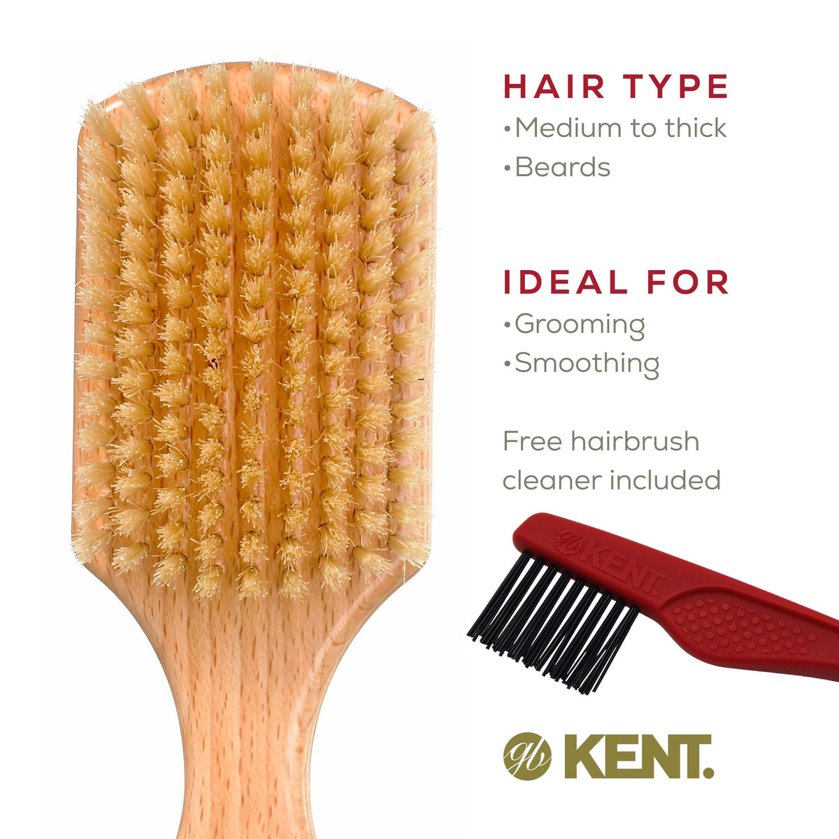 Kent OG4 Rectangular Beachwood Gentlemen's Hair Brush and Facial for Beard Care - Exfoliating Natural Boar Bristle Brush for Mens Grooming, Hair Care,