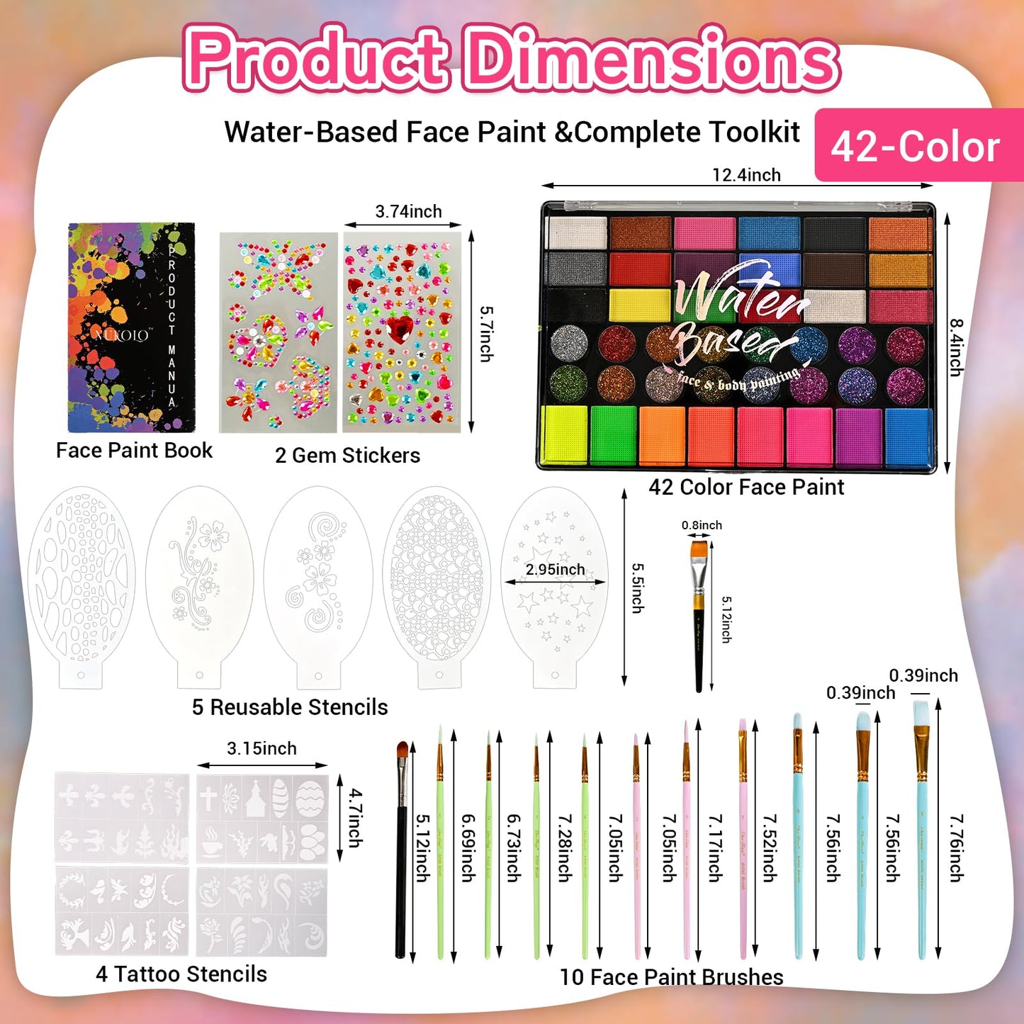 Ruihangda 42 Colors Face Painting Kit for Kids, Non Toxic Water Based Face Body Paint with Brushes, Stencils, Sponges, Gem Stickers, Washable Makeup Beauty & Personal Care Ruihangda