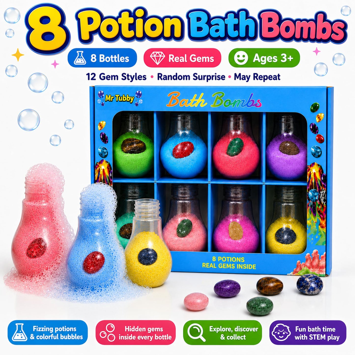 Mr Tubby Bath Bombs for Kids, 8 Potion Bottle Bath Bombs with Random Real Gem Surprises, Fizz & Foam Bath Toy Set, Gift-Ready Bath Bombs for Boys Beauty and Personal Care Mr Tubby