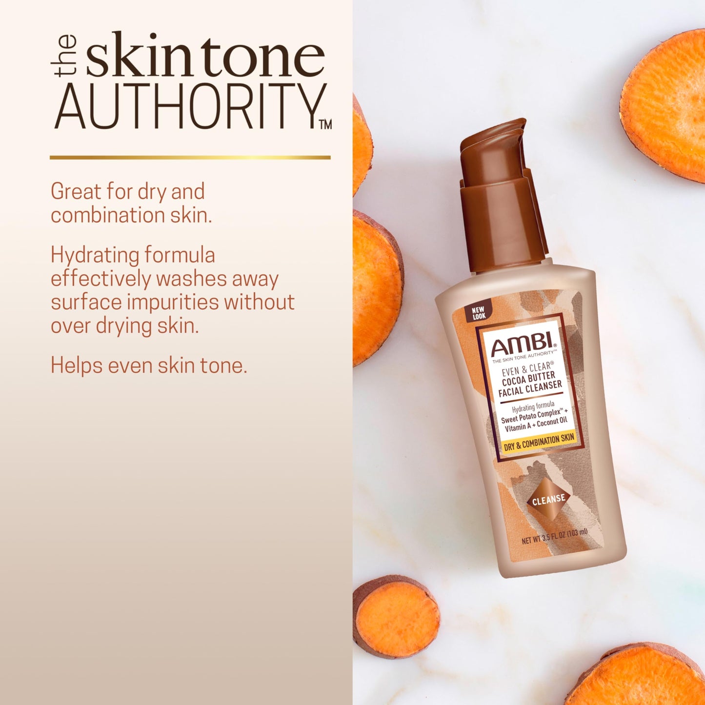 Ambi Even & Clear Cocoa Butter Facial Cleanser With Nutrient-Rich Sweet Potato Complex | Hydrating Formula | Helps Even Skin Tone | 3.5 Ounce Beauty & Personal Care Ambi