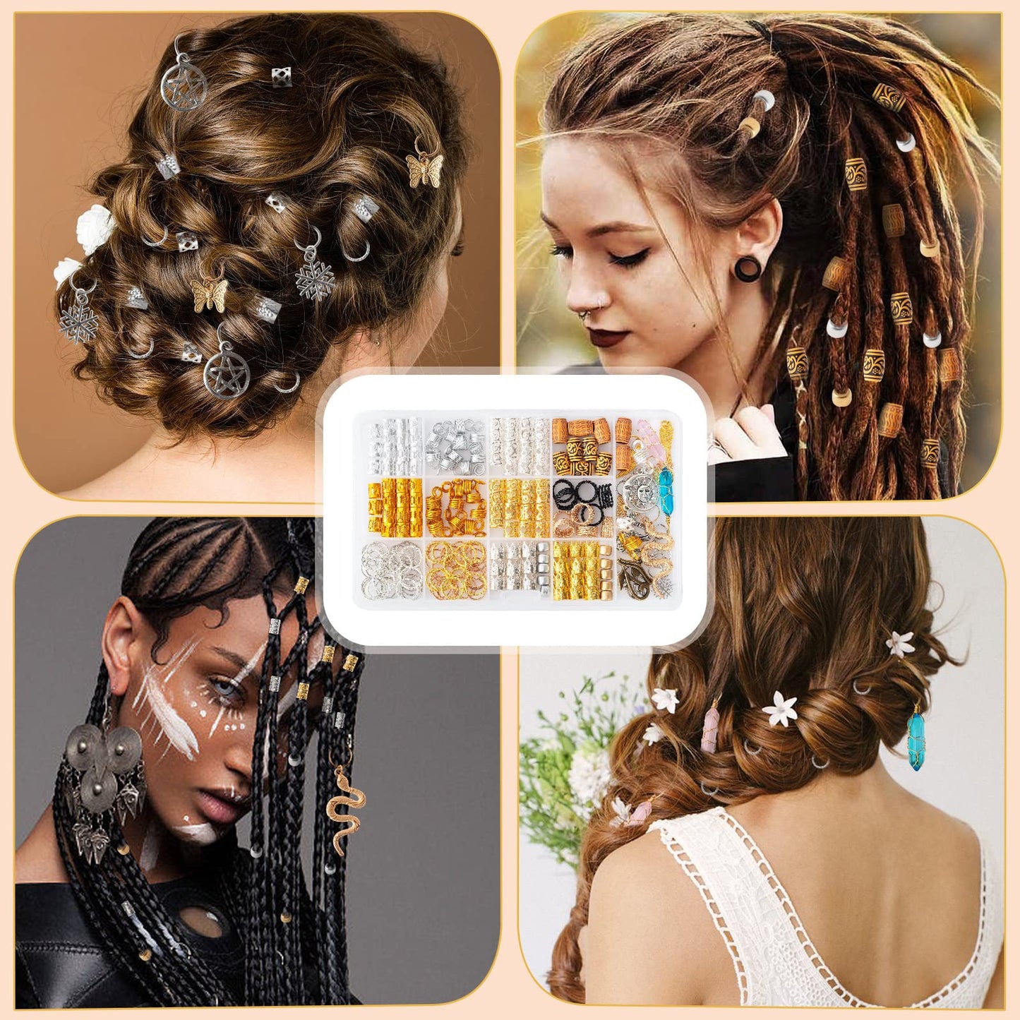 200pcs Hair Beads Jewelry, Dreadlocks Gem Crystal Charms, Metal Coils Rings, Gold And Silver Pendants,Braid Cuffs,Clips,Loc Tube Bead Braid Beauty & Personal Care Vaikby