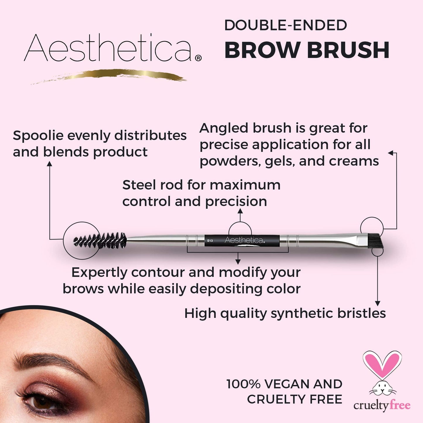 Aesthetica Pro Series Double Ended Eyebrow Brush & Spoolie - Angled Brow Brush for Precision Application & Blending of Eye Brow Powders, Waxes & Gels Beauty & Personal Care Aesthetica