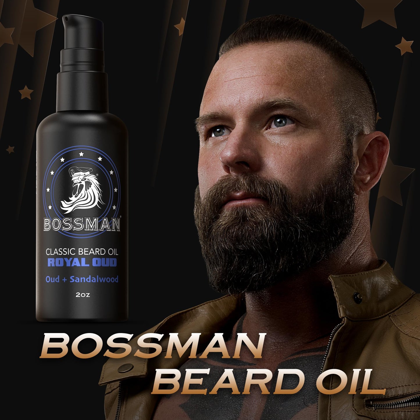 Bossman Organic Mustache & Beard Oil for Men, 2 oz - Natural Beard Moisturizer with Jojoba, Argan & Avocado Oils (Royal Oud Scent) Beauty and Personal Care Bossman