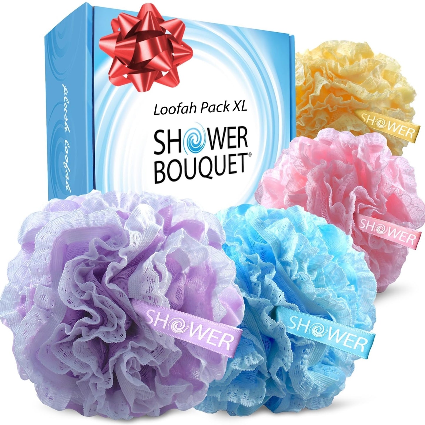 Loofah-Bath-Sponge Lace-Mesh-Set // 2-Scrubs-in-1 by Shower Bouquet/Large Full 60g Pouf (4 Pack Spa Colors) Body Luffa Loofa Loufa Puff - Exfoliate Beauty & Personal Care Shower Bouquet
