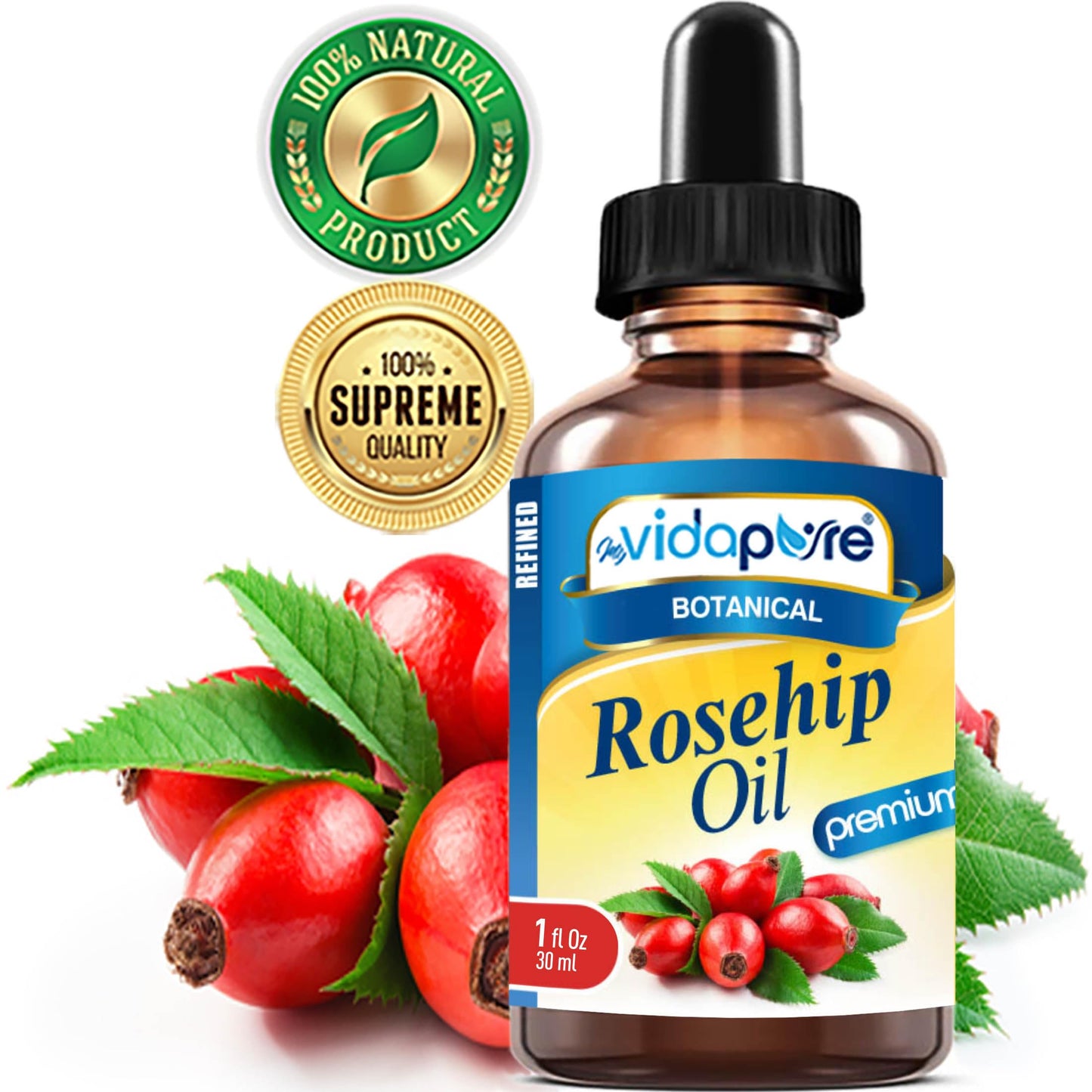 MYVIDAPURE Rosehip Oil Vitamin A, Vitamin C, Vitamen E for Wrinkles, Scars, Stretch Marks, Face, Body, Hair, Lip Care. (1 Fl Oz) Beauty & Personal Care MYVIDAPURE