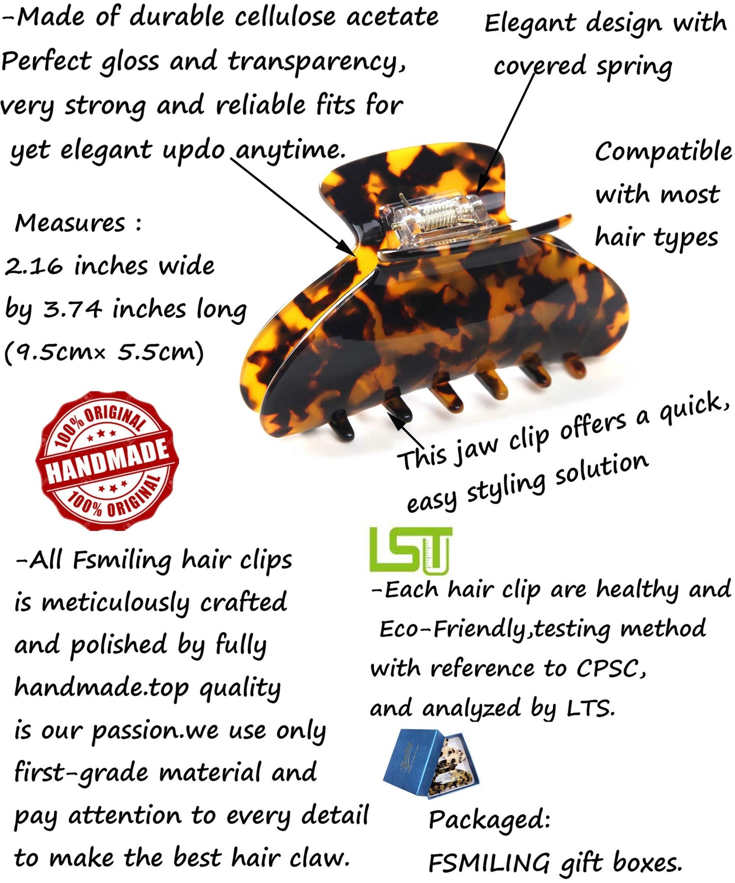 Cellulose Acetate Large Hair Claw Clips 3.8" Leopard Big Tortoise Hair Clips For Women Thick Hair Accessories French Design Hair Jaw Clips Clamp… Beauty and Personal Care Fsmiling