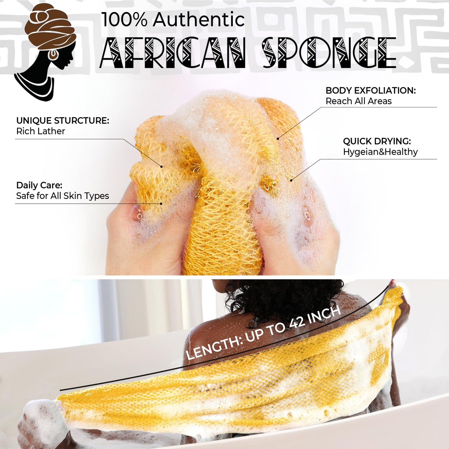 Real African Net Sponge - 2 Pieces Authentic African Wash Cloths for Showering - Exfoliating Body Sponges for Bathing Yellow & Forest - Back Scrub Beauty and Personal Care RelaxScene
