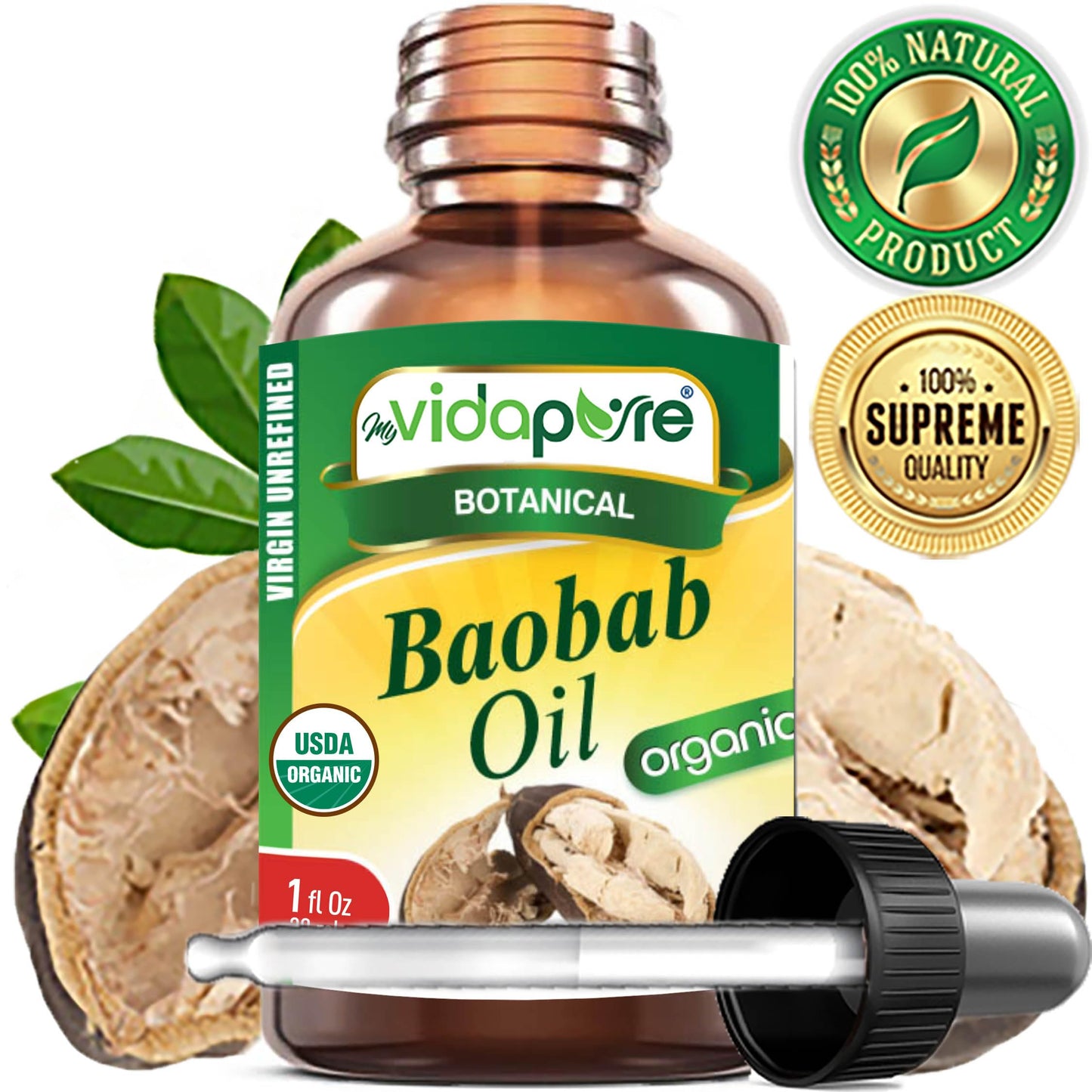 MYVIDAPURE Organic BAOBAB OIL Certified Organic 100% Natural Pure VIRGIN UNREFINED for Skin, Face, Hair, Lip and Nail Care (1 Fl Oz) Beauty & Personal Care MYVIDAPURE