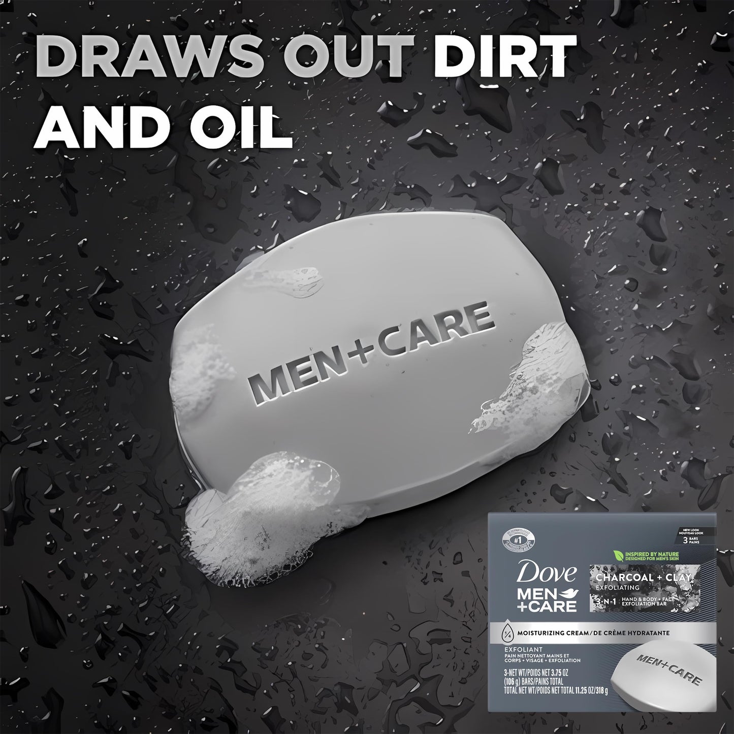 Dove Men + Care Bar Soap Charcoal Clay, 12 Count, 3 in 1 Body Face and Hand Exfoliating, Purifying Bar Soaps for Men, Plant Based with Essential Oils Beauty & Personal Care Dove