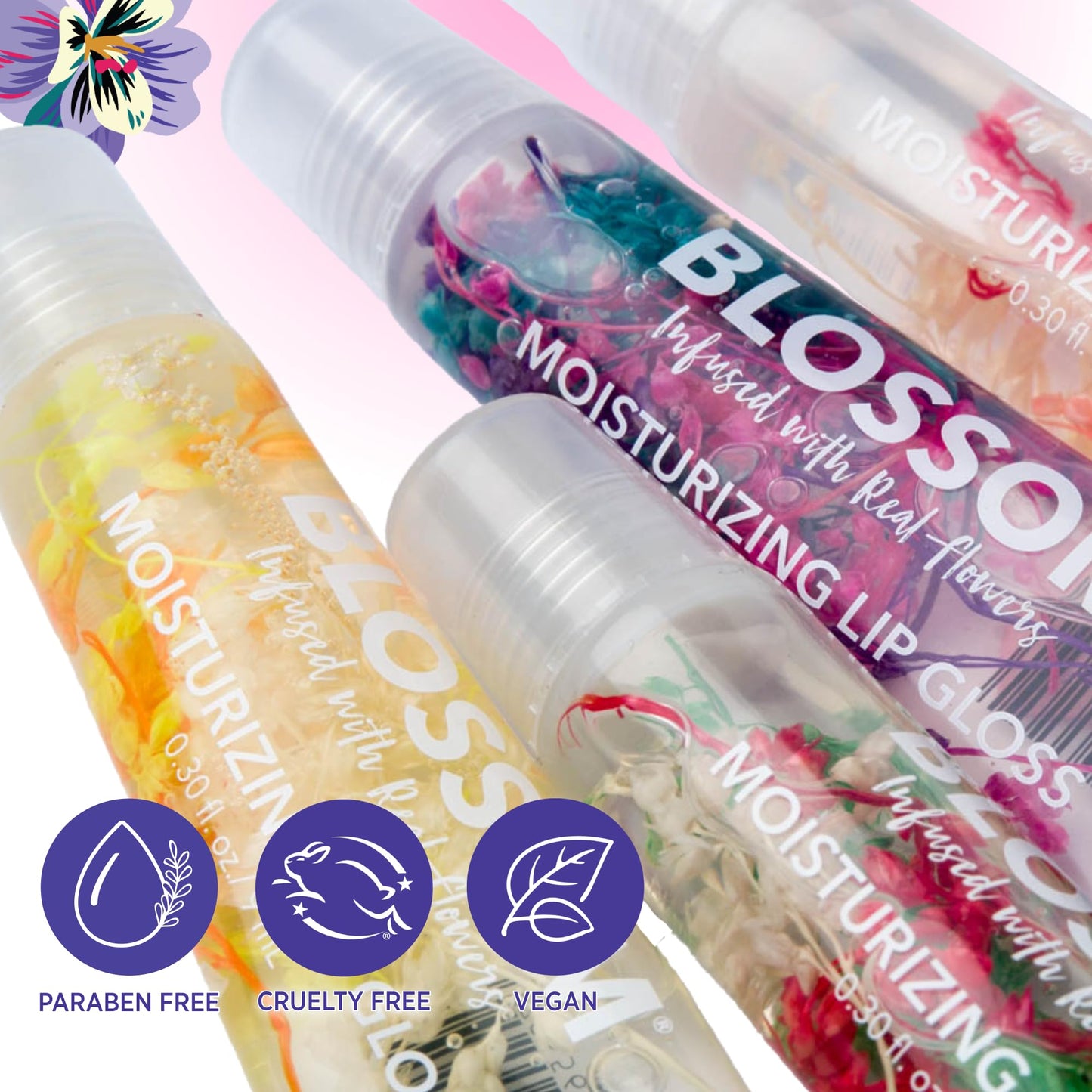 Blossom Lip Gloss Tubes, Cotton Candy Scented Thick Clear High Shine Moisturizing Flower Lip Gel with Nourishing Jojoba Seed Oil, Infused with Real Beauty & Personal Care Blossom