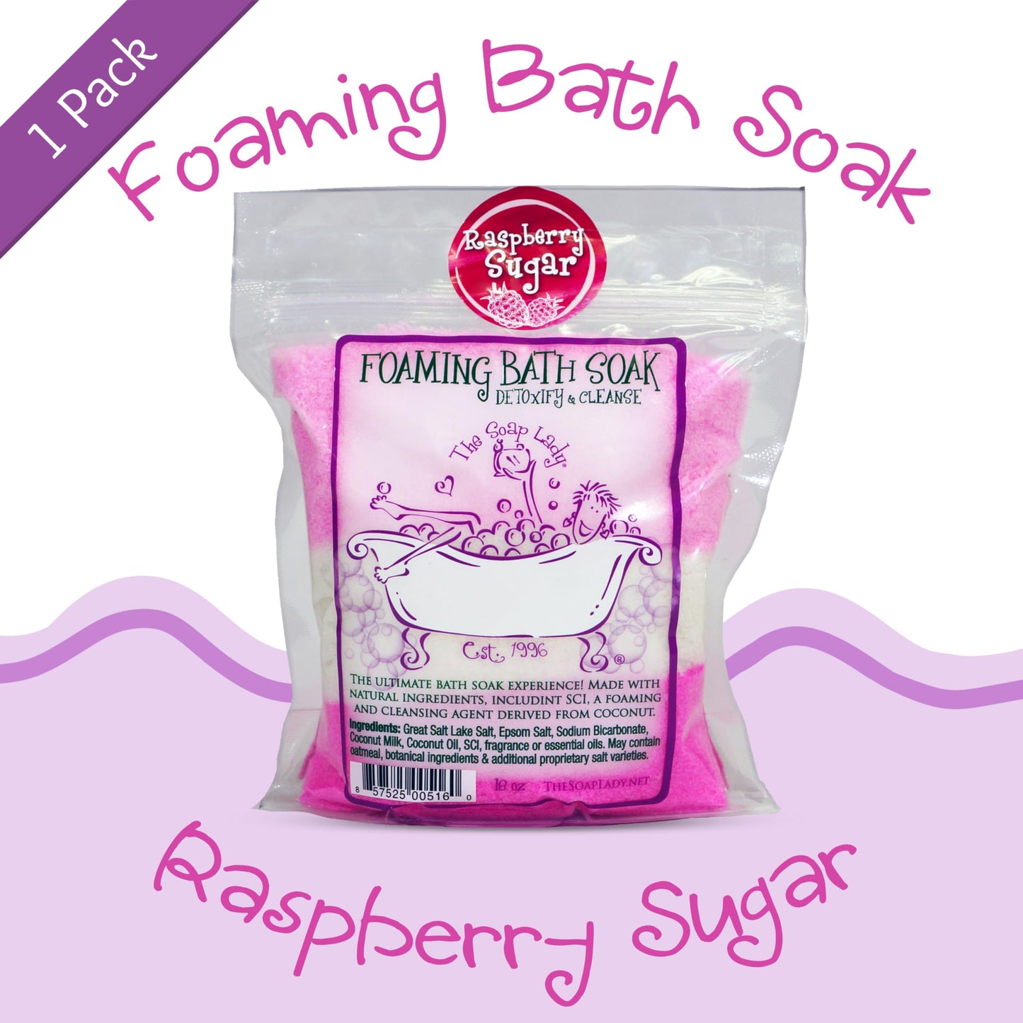 The Soap Lady Foaming Bath Soak - Raspberry Sugar - 18oz Bag Beauty and Personal Care The Soap Lady