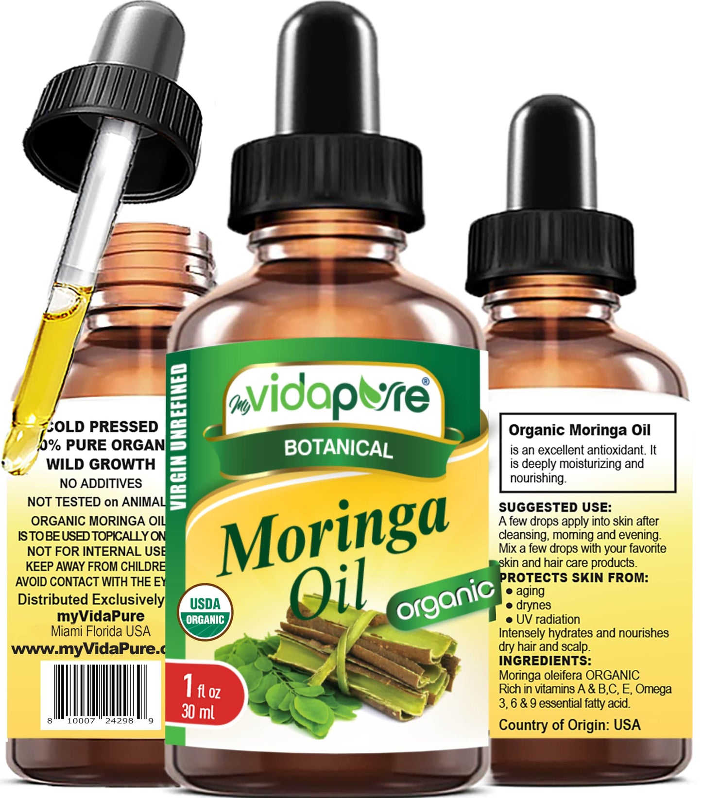 MYVIDAPURE Organic MORINGA OIL Moringa Oleifera Certified Organic 100% Natural Pure Virgin Unrefined for Face, Skin, Body, Hair, Lip, Nails Beauty & Personal Care MYVIDAPURE