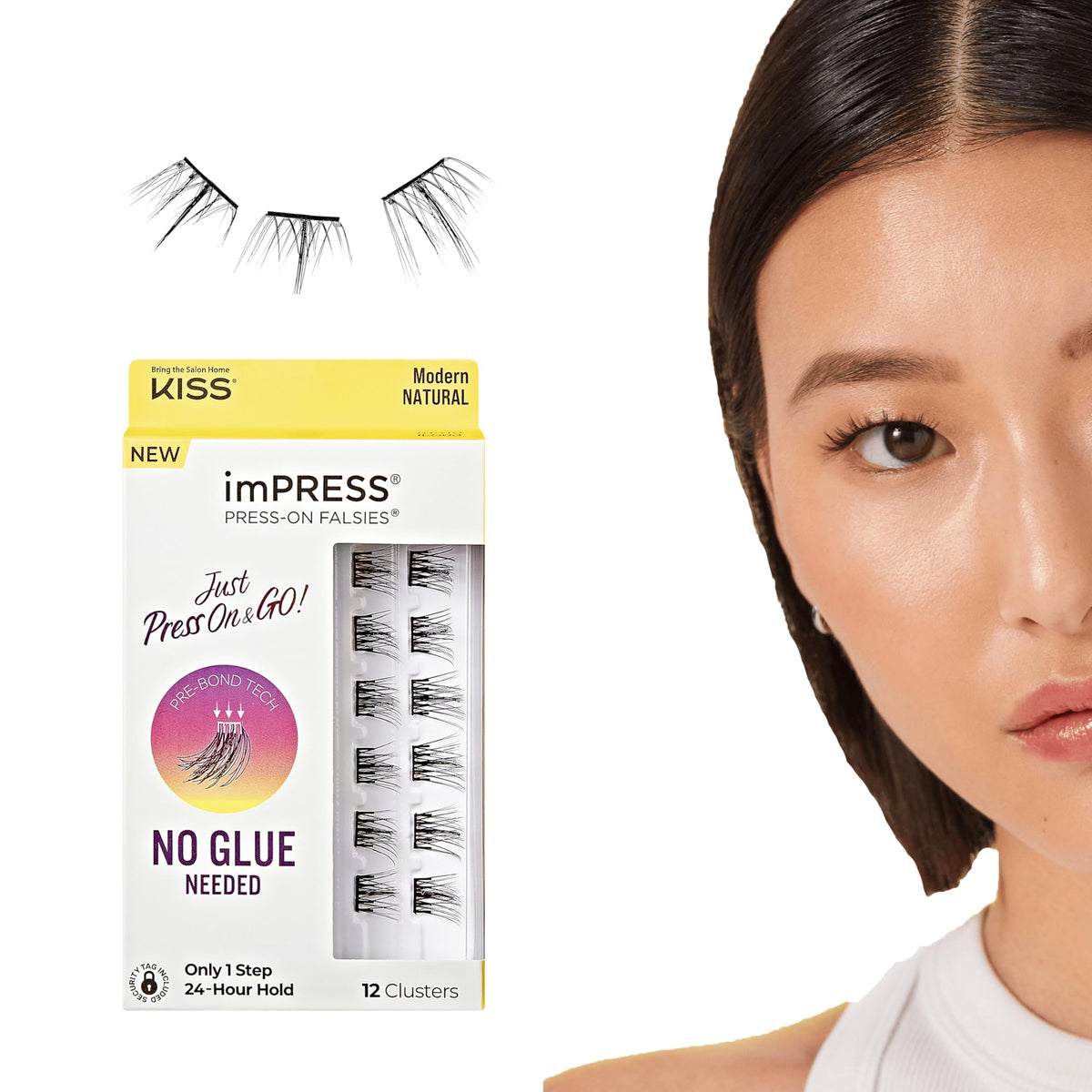 Kiss Impress Falsies Press On Self Adhesive Eyelashes, 12mm-14mm Natural Volume Press On Lashes, Black, No Glue Needed, Invisible Band, 12 Lash