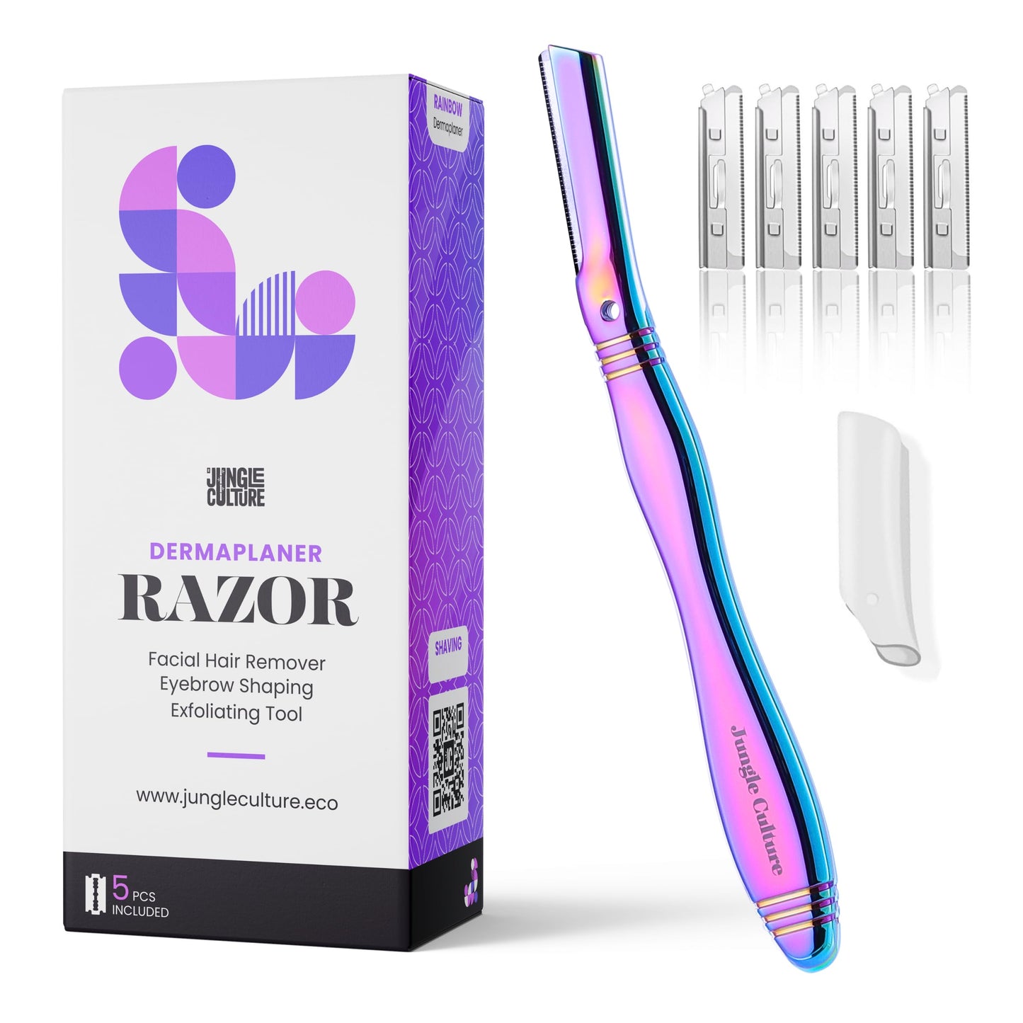 Jungle Culture Dermaplaning Tool - Facial Razor for Women with 5 Refill Blades - Reusable Eyebrow Shaper & Exfoliator - Rainbow Beauty and Personal Care Jungle Culture