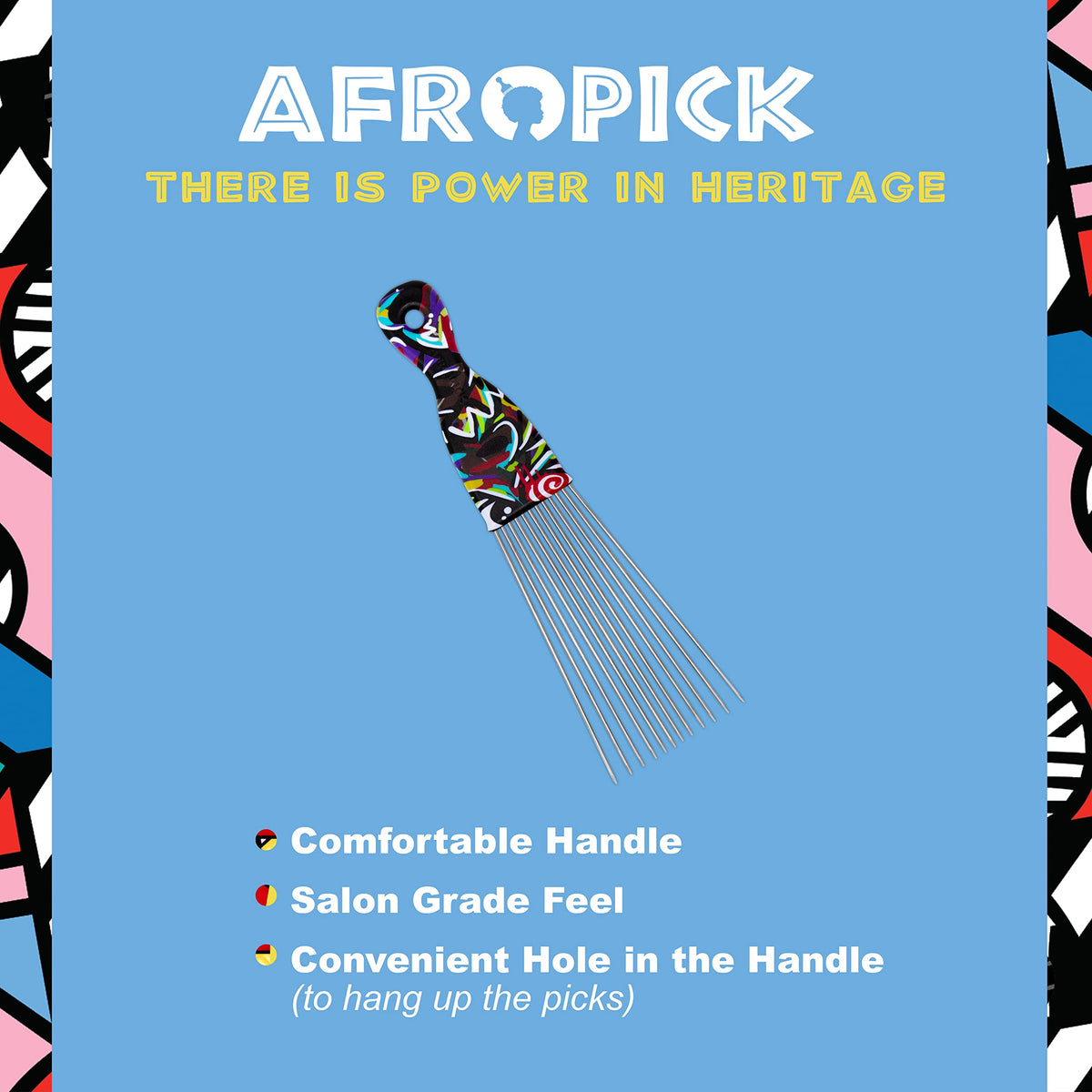 Afropick Metal Black Hair Pick for Natural Curly Long Thick Hair- Afro Pick Comb for Men, Women- African Artist Designs IMPROVED 2.0 (Breathe)
