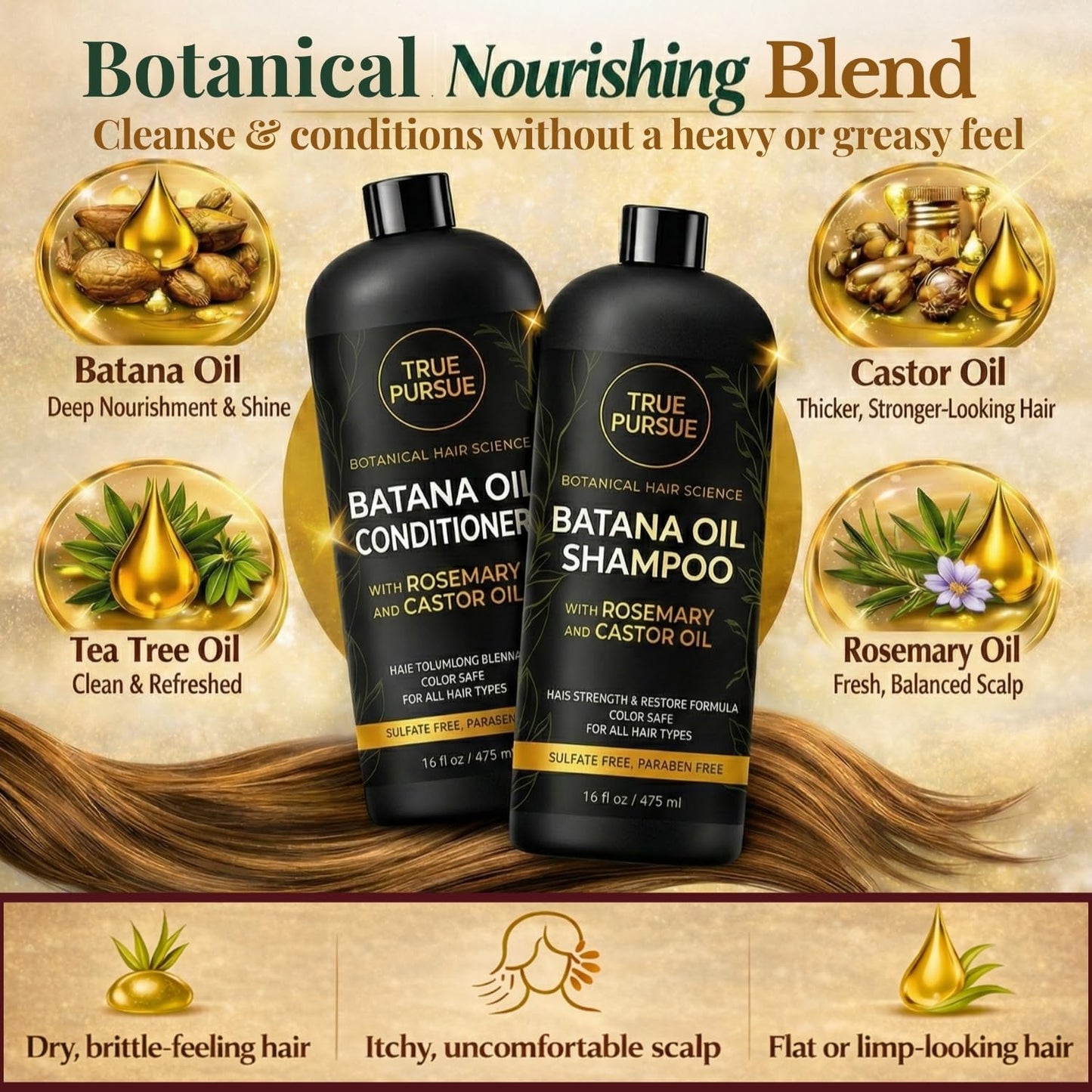 Batana Oil Shampoo and Conditioner Set for Men & Women with Rosemary & Castor Oil - Hair Growth Shampoo & Sulfate-Free Hair Strengthening for Dry Beauty & Personal Care TRUÉ PURSUÉ