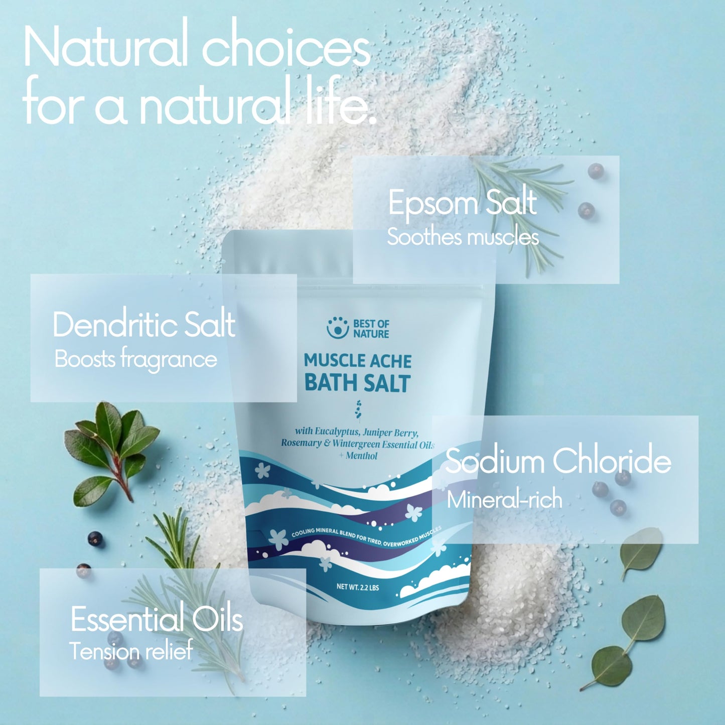 Best of Nature Muscle Ache Epsom Salt Bath Soak with Eucalyptus, Rosemary, Wintergreen & Menthol, Mineral-Rich Bath Salts, Resealable Bag, 2.2 lb Beauty and Personal Care Best of Nature