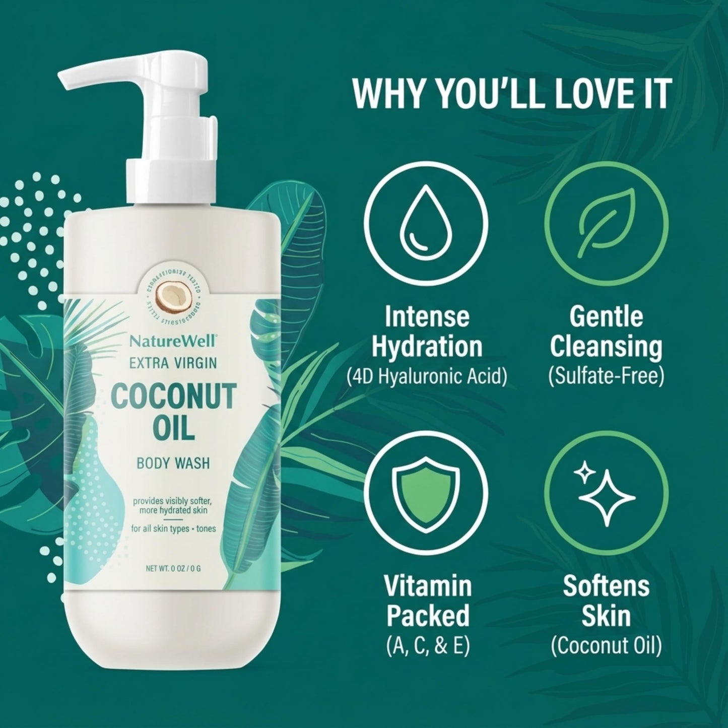 NATURE WELL Extra Virgin Coconut Oil Ultra-Moisturizing Body Wash, Gentle & Creamy Formula Packed with Antioxidants, Vitamins A, C & E, & Squalane Beauty & Personal Care NATURE WELL