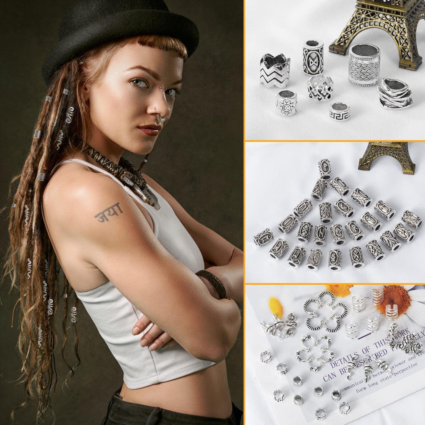 152PCS Vikings Hair Jewelry Norse Runes Tube Beads, Metal Clips Cuffs Rings, Accessories for Braids Dreadlocks Beads for Braiding Beard Decoration Beauty & Personal Care Vaikby