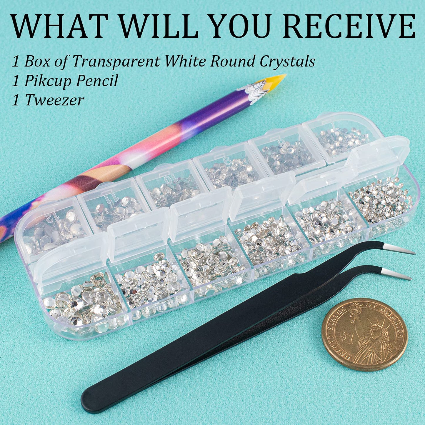 6 Sizes Transparent White Silver Glass Crystal Kit with Pickup Pen + Tweezer Tools for Shine Nail Art Manicure Makeup DIY Decoration Flatback Round Beauty & Personal Care BELLEBOOST