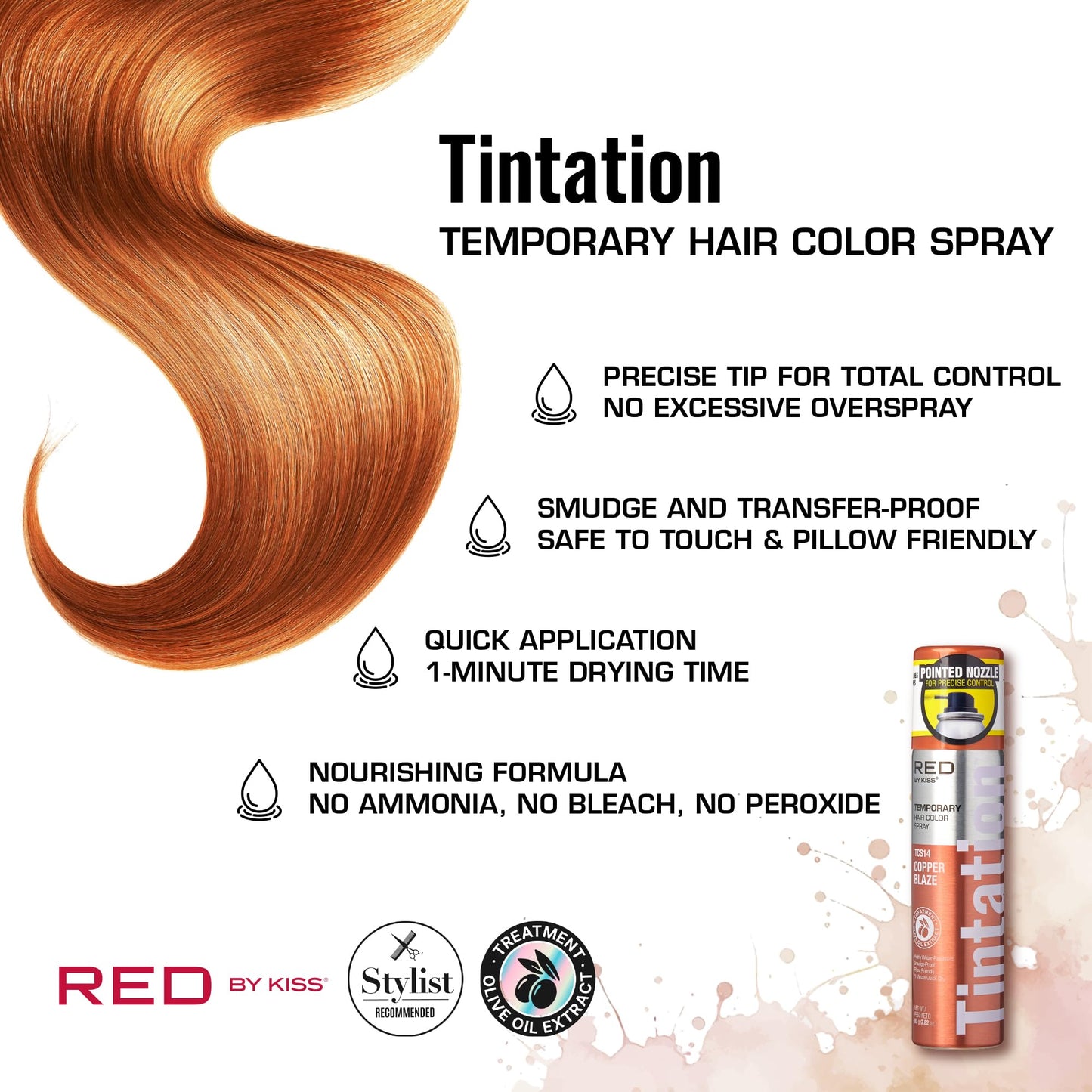 Red by Kiss Tintation Temporary Hair Color Spray 2.82oz, Quick-Dry & Smudge-Proof, Vivid Color Washable Hair Dye, Styling Spray Cosplay Halloween Beauty & Personal Care Red by Kiss