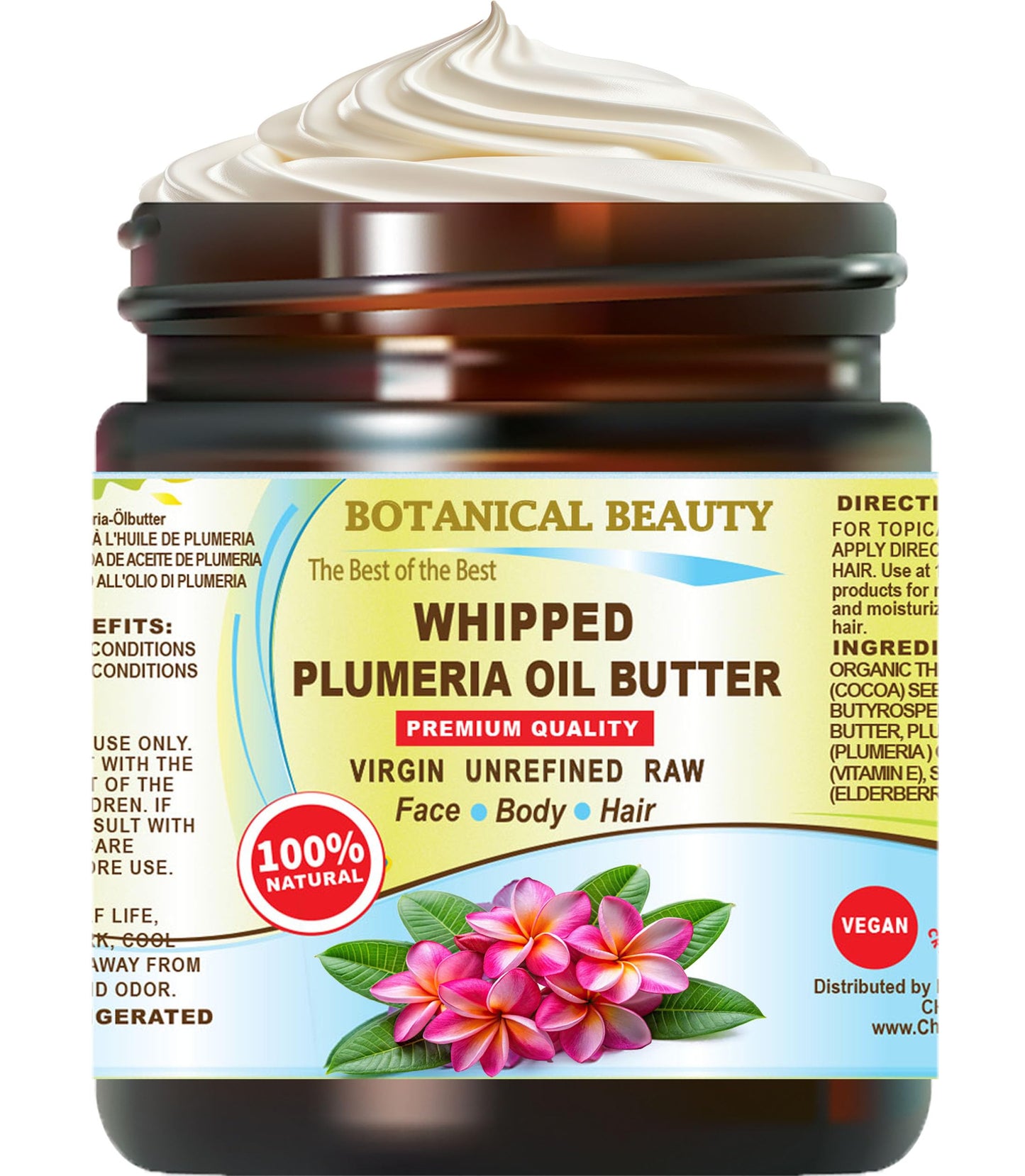 Botanical Beauty Whipped PLUMERIA OIL BUTTER 100% Natural Pure RAW. Cocoa Butter, Shea Nut Butter, Plumeria Oil Virgin Unrefined Cold Pressed Beauty & Personal Care Botanical Beauty