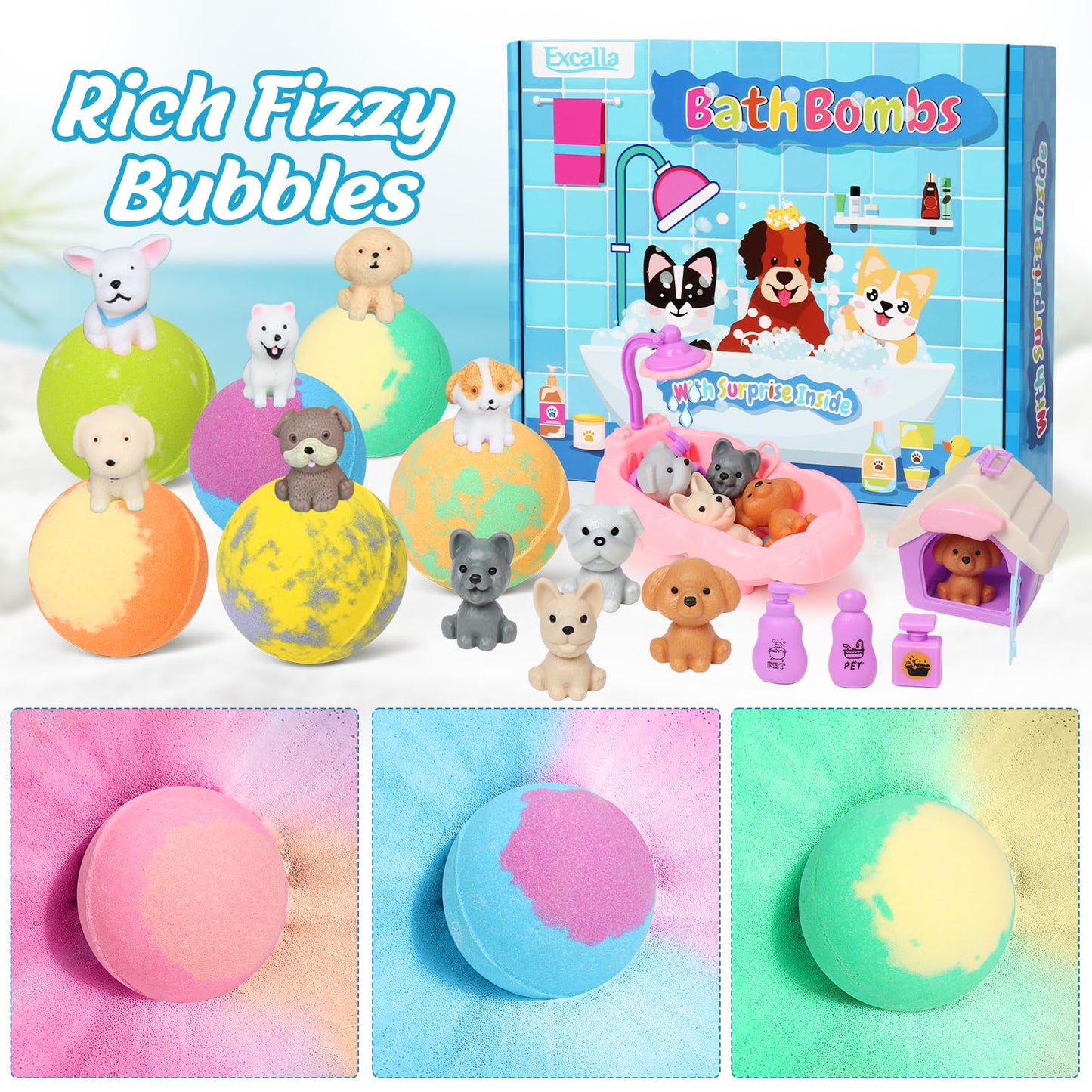 Bath Bombs for Kids with Toys Inside for Girls Boys, 12 Pack Kids Bath Bombs with Surprise Dog Pretend Playset, Handmade Bubble Bath Fizzies Birthday Beauty and Personal Care Excalla