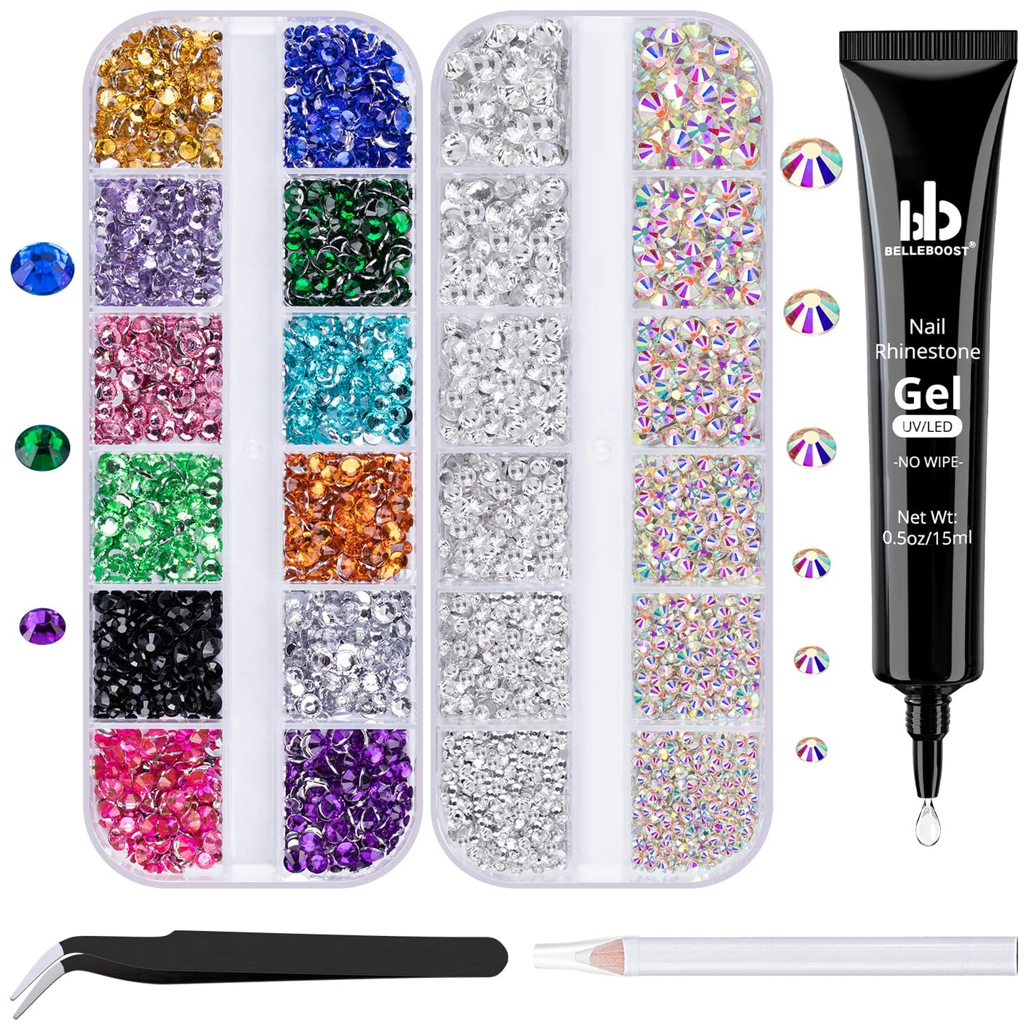 BELLEBOOST Nail Art Rhinestone Kit, 15ml Rhinestone Gel Glue+Colorful Gems+Flatback Glass Crystal AB&Clear Gemstones with Pickup Tools for Bedazzling Beauty & Personal Care BELLEBOOST
