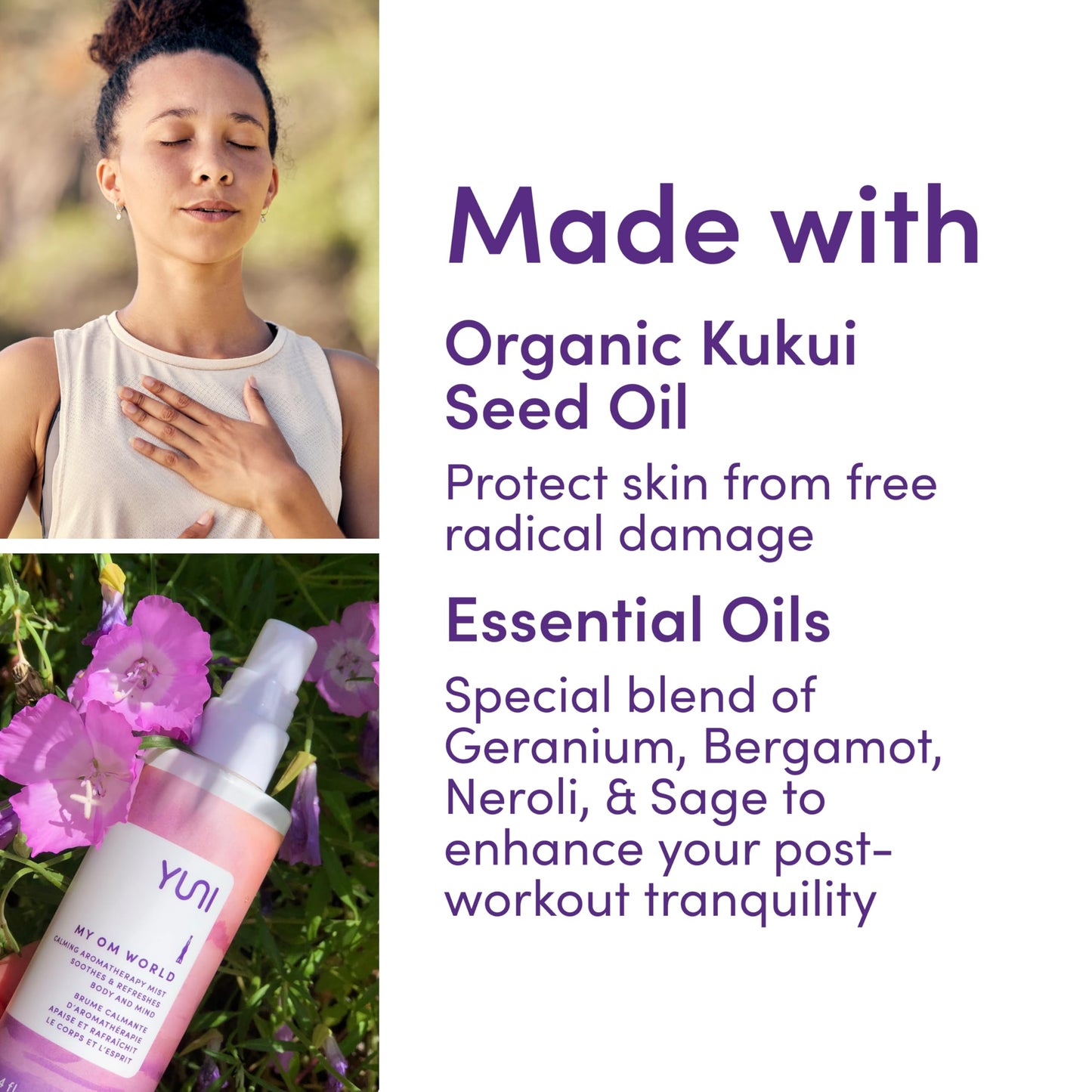 YUNI Beauty Calming Body Mist (4oz) My OM World - Natural Aromatic Oils - Relaxing Stress Relief - Promotes Focus & Clarity - All Natural Beauty & Personal Care YUNI Beauty