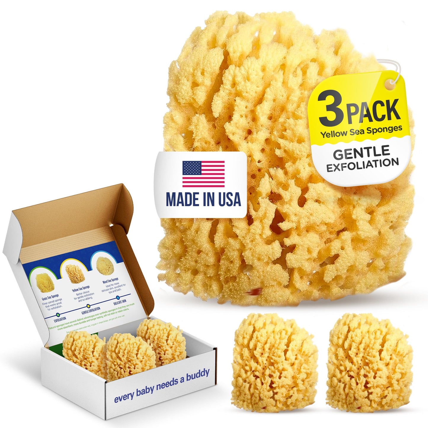 Baby Buddy Baby Bath 4in Yellow Sea Sponge, Absorbent Natural Sea Sponge, Soft on Tender Skin, Biodegradable, Hypoallergenic, Bath Accessories Beauty and Personal Care Baby Buddy