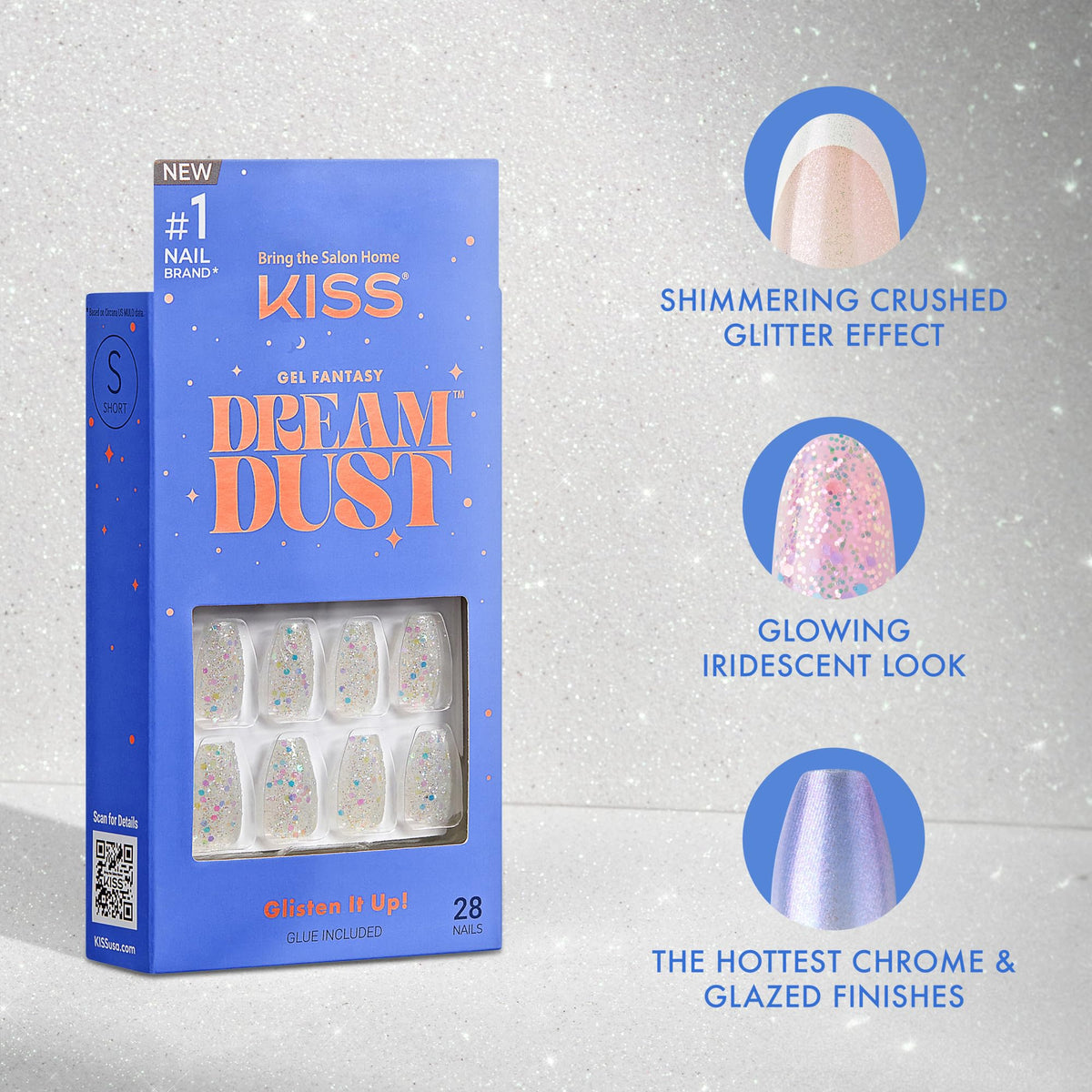 KISS Gel Fantasy, Press On Nails, Nail glue included, 'Champagnes', Light Blue, Short Size, Squoval Shape, Includes 28 Nails, 2G Glue, 1 Manicure