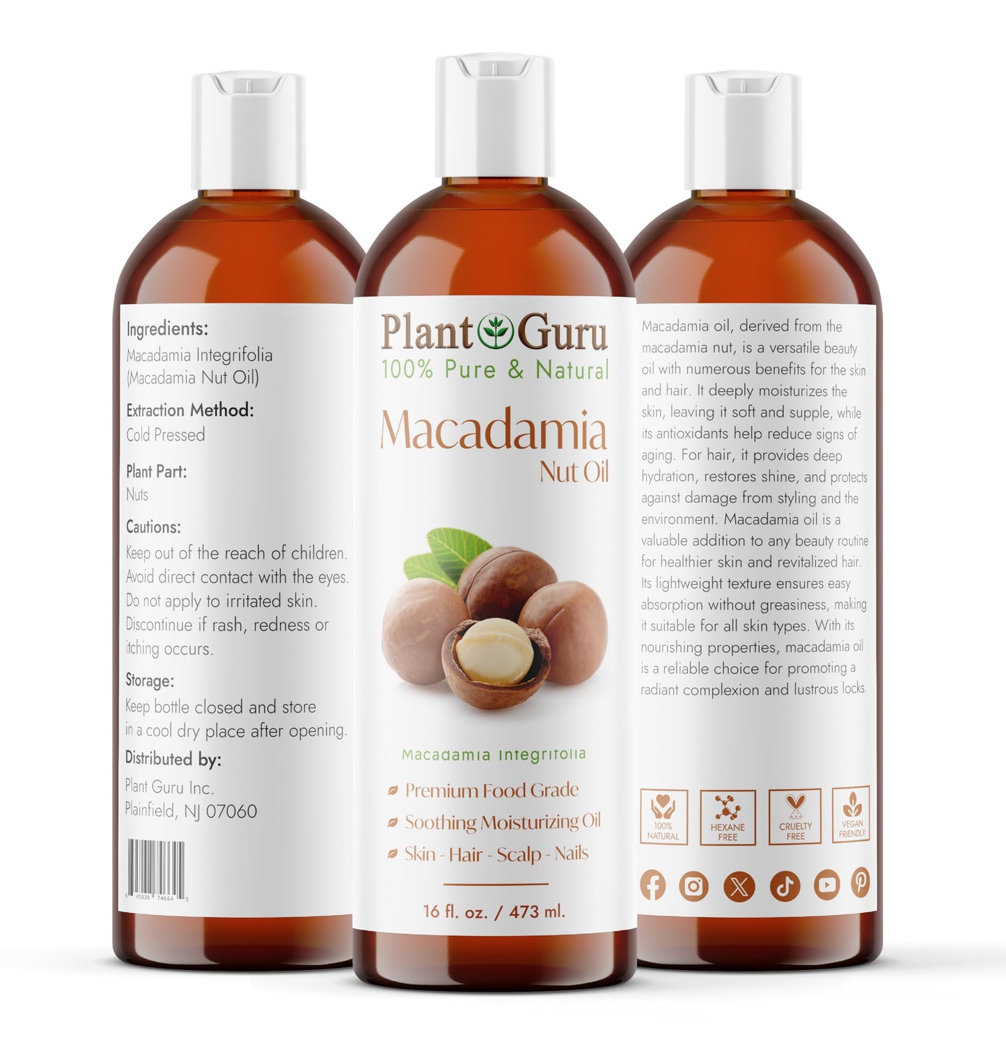 Plant Guru Macadamia Nut Oil 16 fl. oz. Cold Pressed 100% Pure Natural Carrier - Skin, Face, Body, and Hair Moisturizer. Ideal for DIY Creams Beauty & Personal Care Plant Guru