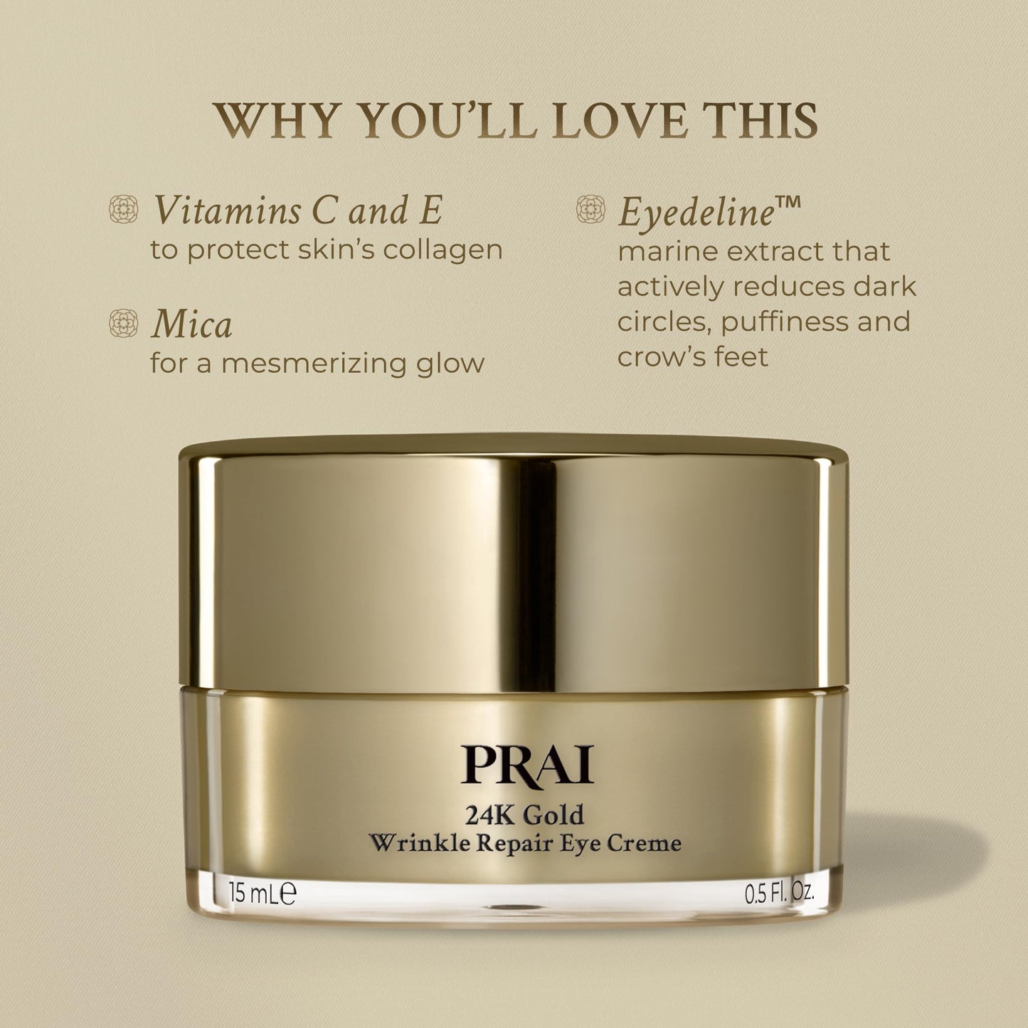 PRAI Beauty 24K Gold Wrinkle Repair Eye Creme - Anti-Aging and Anti-Wrinkle Eye Cream - Infused with Hyaluronic Acid and Real 24K Gold, 0.5 Oz Beauty & Personal Care PRAI
