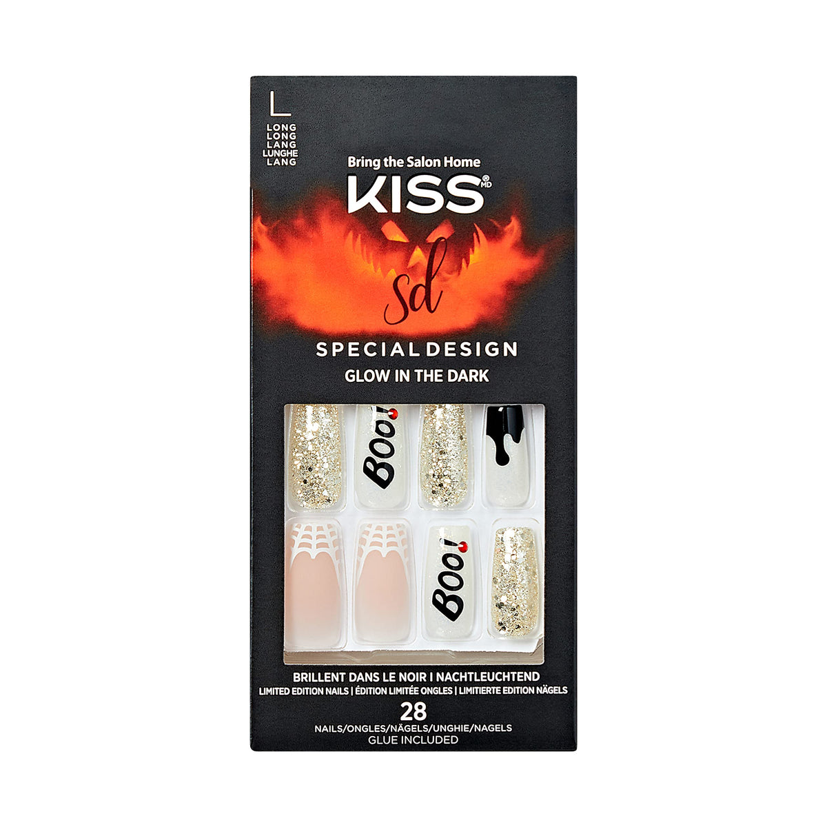 KISS Special Design Halloween Fake Nails, Glow-In-The-Dark, Style ‘Party Till I Die’, with Pink Gel Nail Glue, Mini Nail File, Manicure Stick, & 28