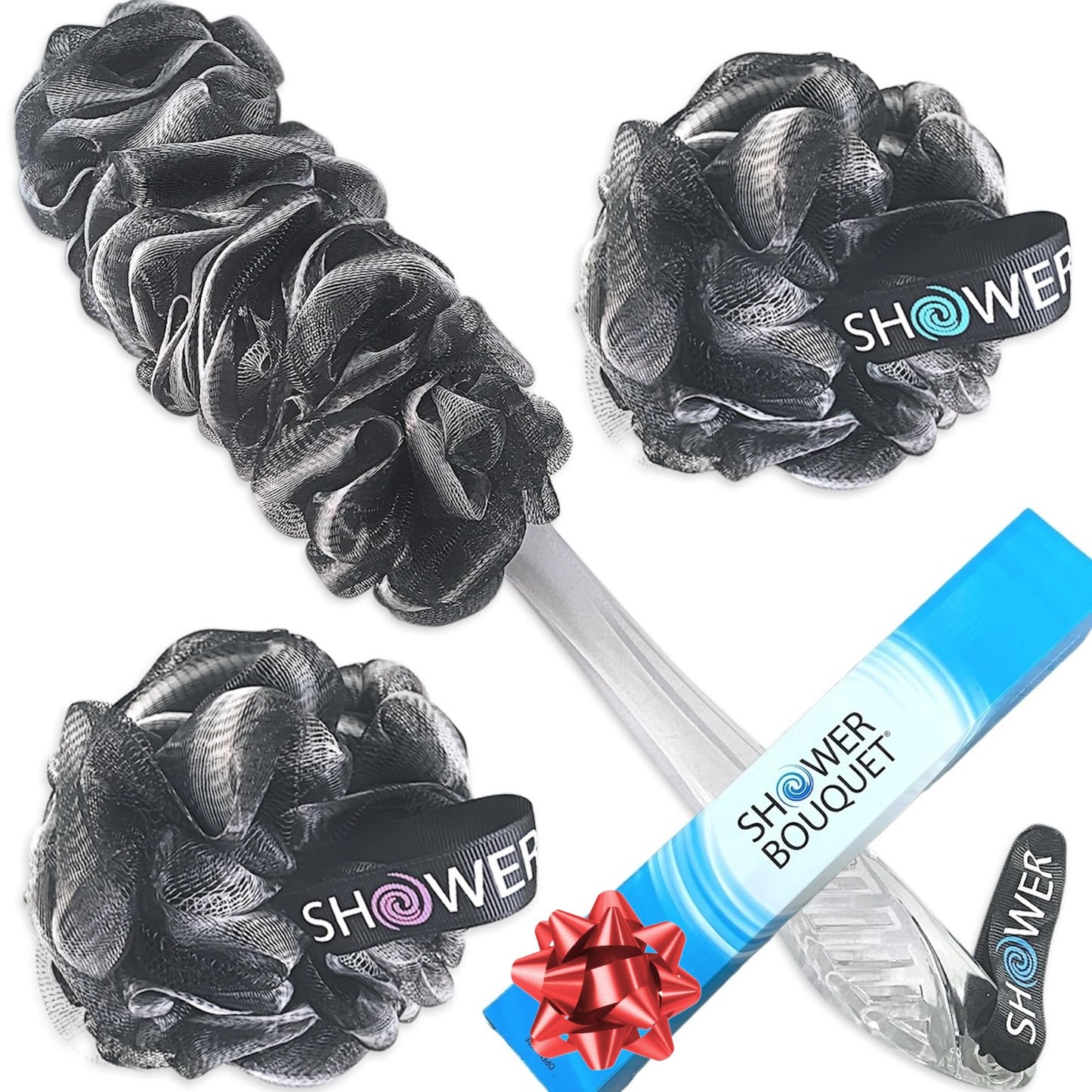 SHOWER BOUQUET Loofah-Charcoal Back-Scrubber & Bath-Sponge Set // 1 Long-Handle-Back-Brush Plus 2 Extra Large 75g Soft Mesh Loofa-Lufa-Loufa Puff Beauty & Personal Care Shower Bouquet