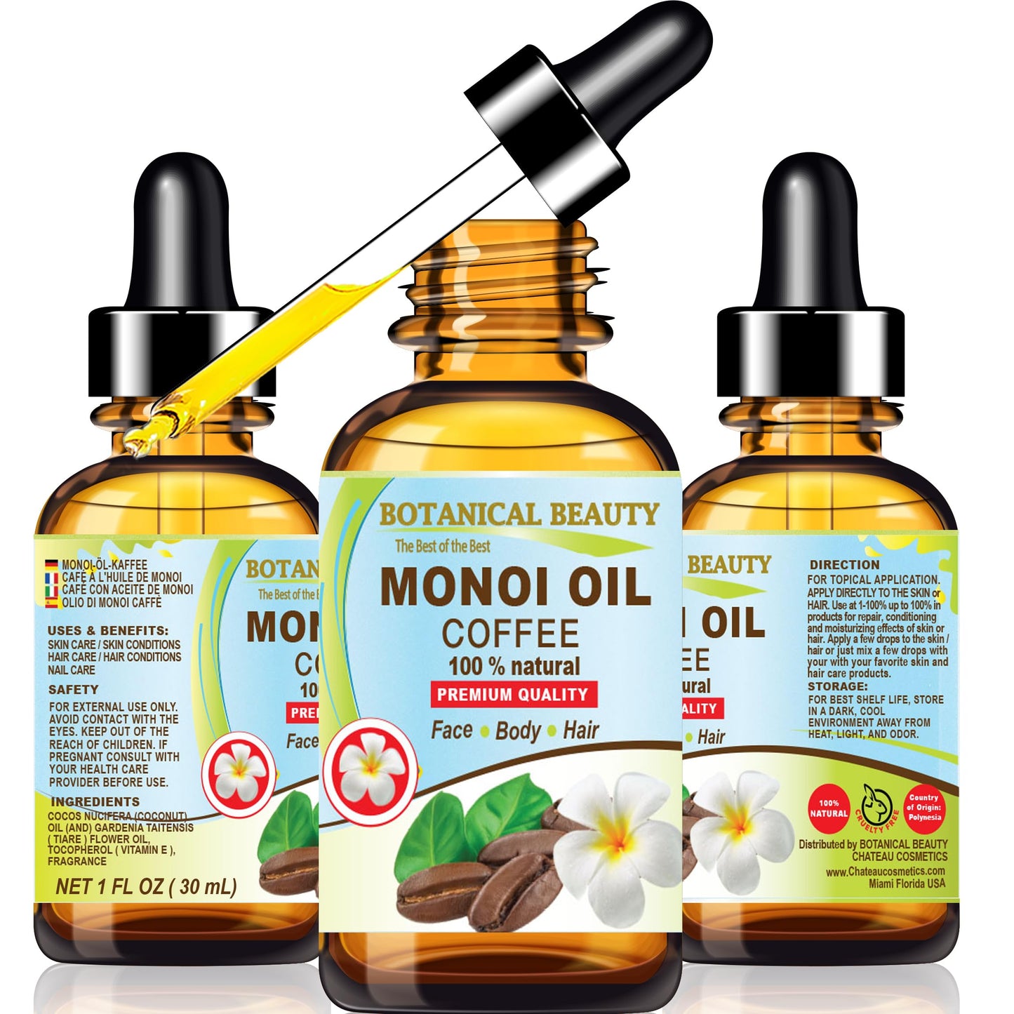 Botanical Beauty MONOI OIL COFFEE. Frangipani flowers in Coconut Oil with Coffee aroma. 100% Natural Pure for FACE, SKIN, BODY, HAIR, NAILS. Luxury Beauty & Personal Care Botanical Beauty
