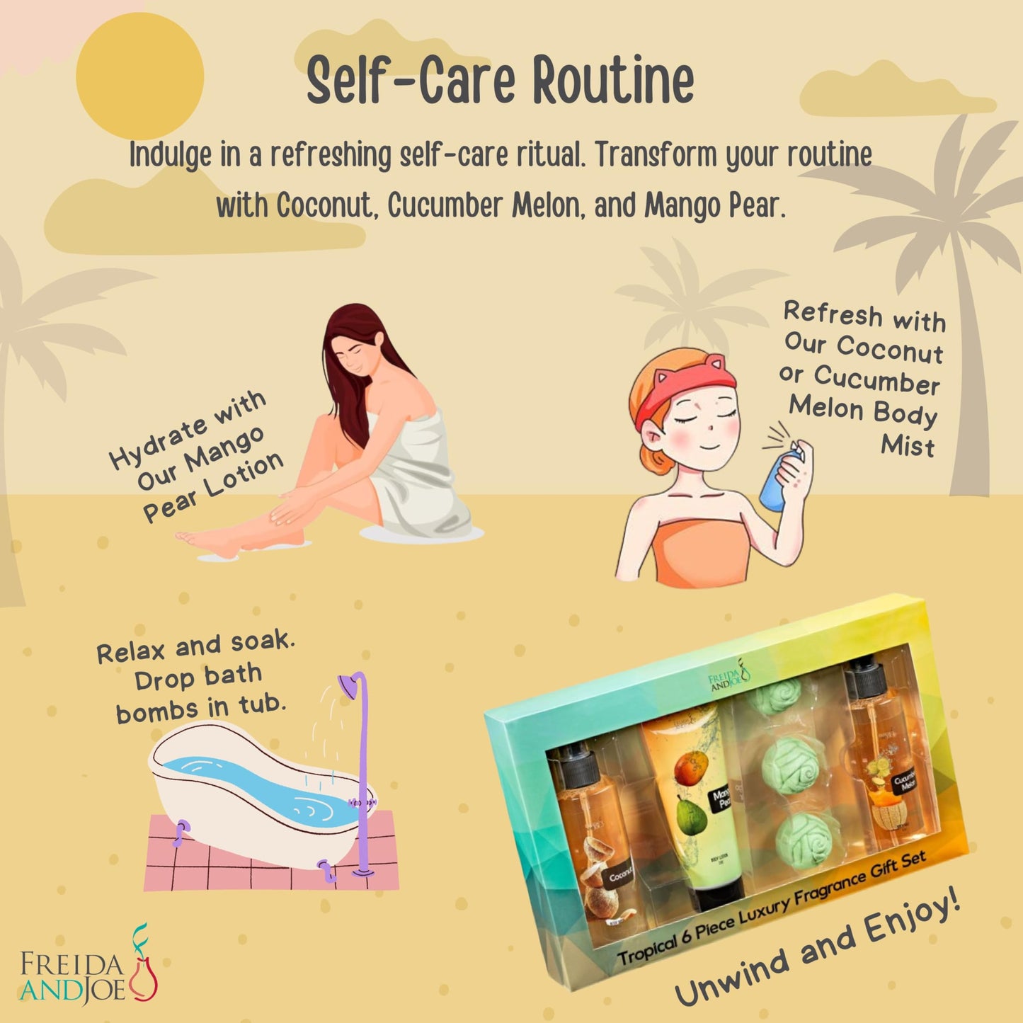 Fine Fragrance Body Mist & Body Splash Gift Set - Luxury Self-Care Combo for Women and Girls (Coconut, Cucumber, Mango Pear w/ Bath Fizzer, Bath Bomb) Beauty & Personal Care Freida and Joe