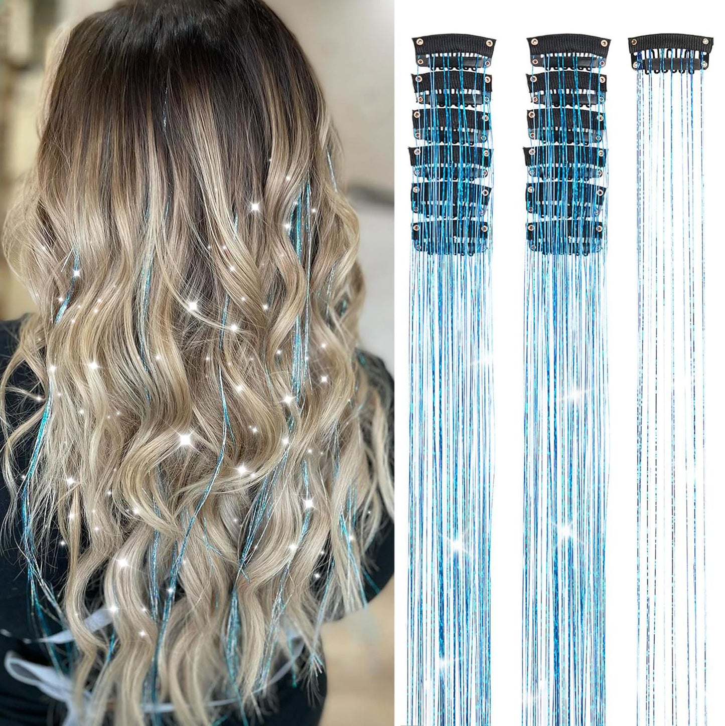 Sky Blue Hair Tinsel, Packs of 6Pcs Clip in Tinsel Hair Extensions 20.5 Inch Heat Resistant Fairy Hair Tinsel Kit for Women Girls Glitter Hair Beauty and Personal Care Ubeleco Default Title
