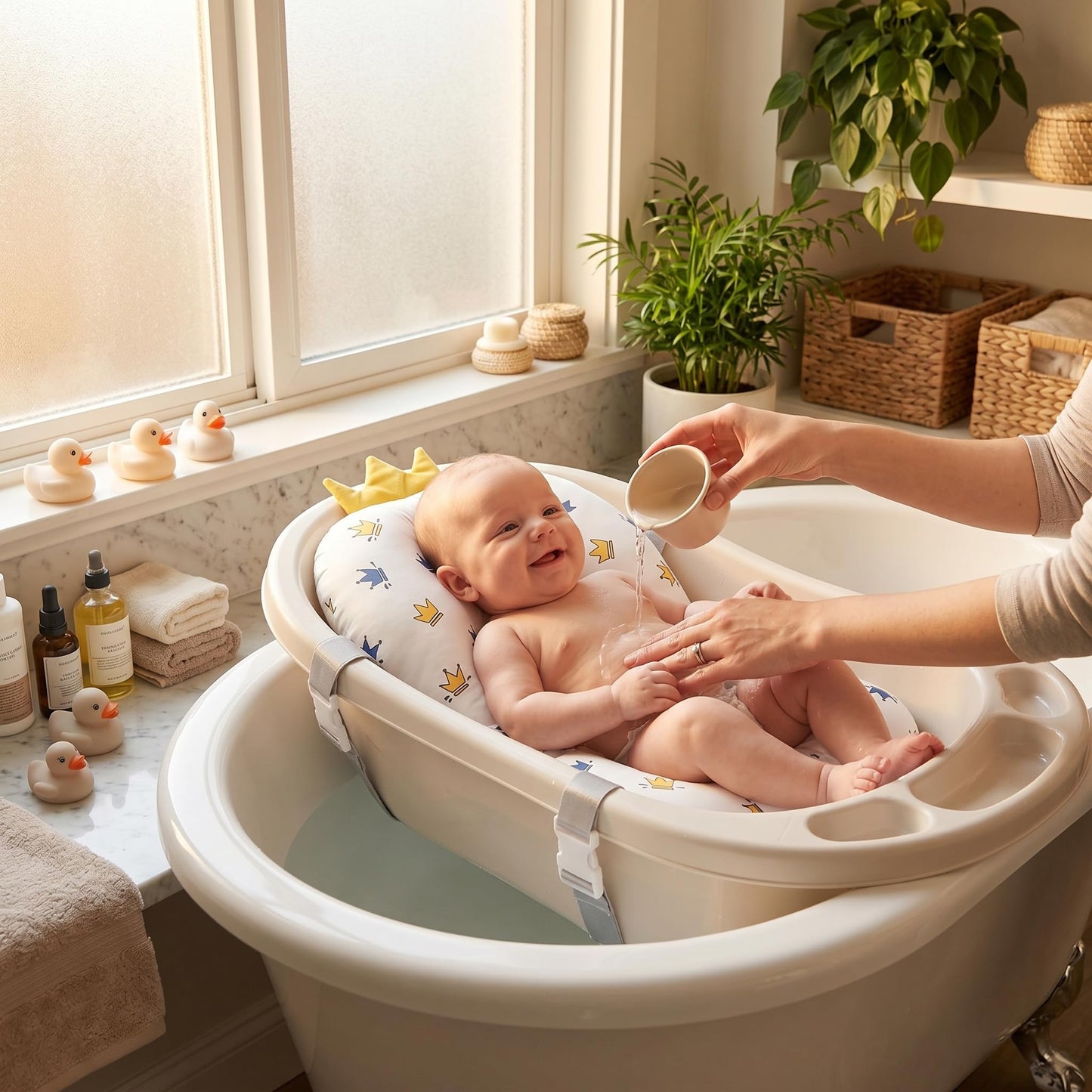 EVGATSAUTO Baby Bath Support Cushion Infant Bath Pillow Newborn Bath Mat with 3 Buckle Safety Straps for Bathtub 0-12 Months Pattern Beauty and Personal Care EVGATSAUTO