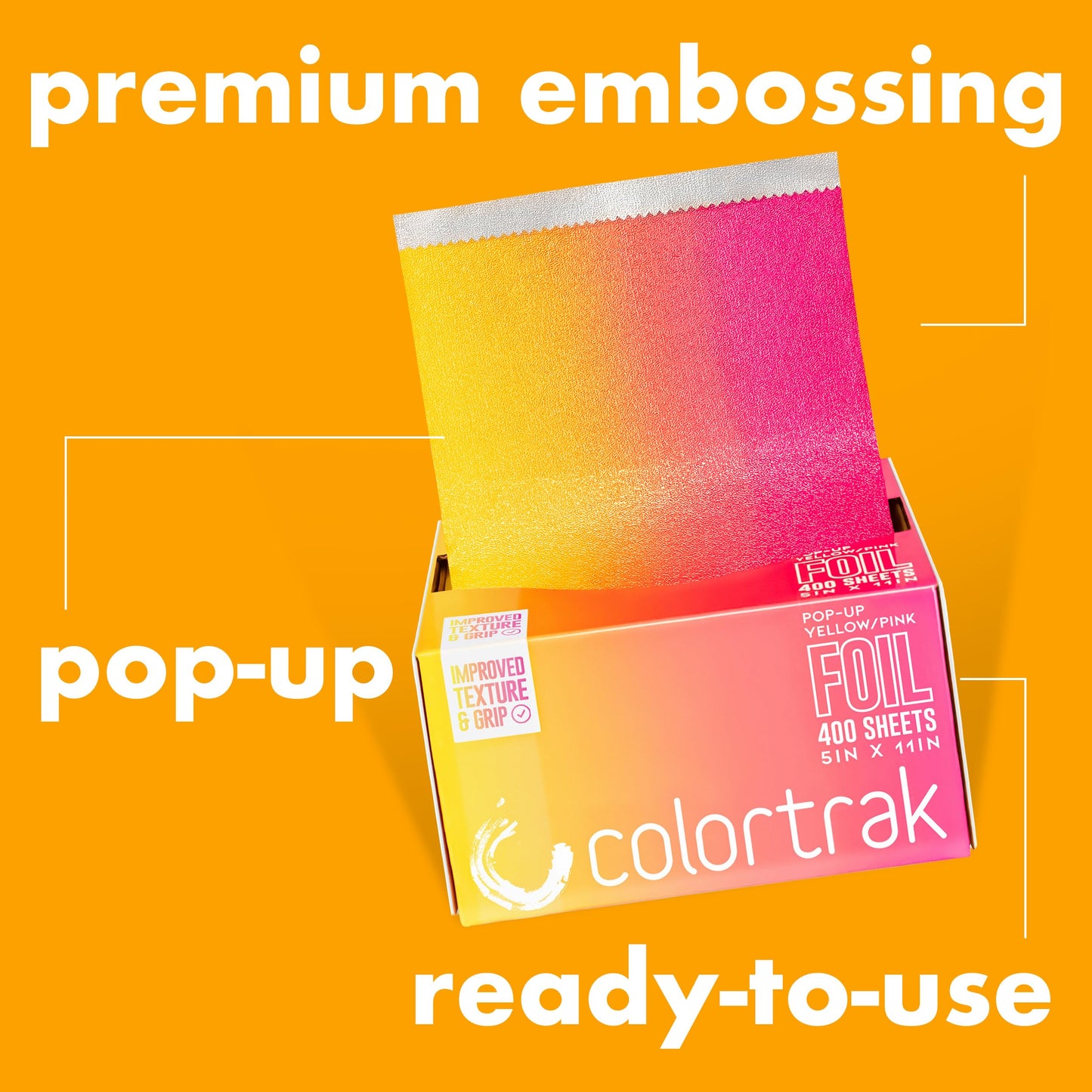 Colortrak Yellow/Pink Gradient Pop-up Foil w/Dispenser (400 Count), Pre-cut Sheets, Non-Slip Embossed Texture, 5" x 10.75" Sheets for Hair Foil Beauty & Personal Care Colortrak