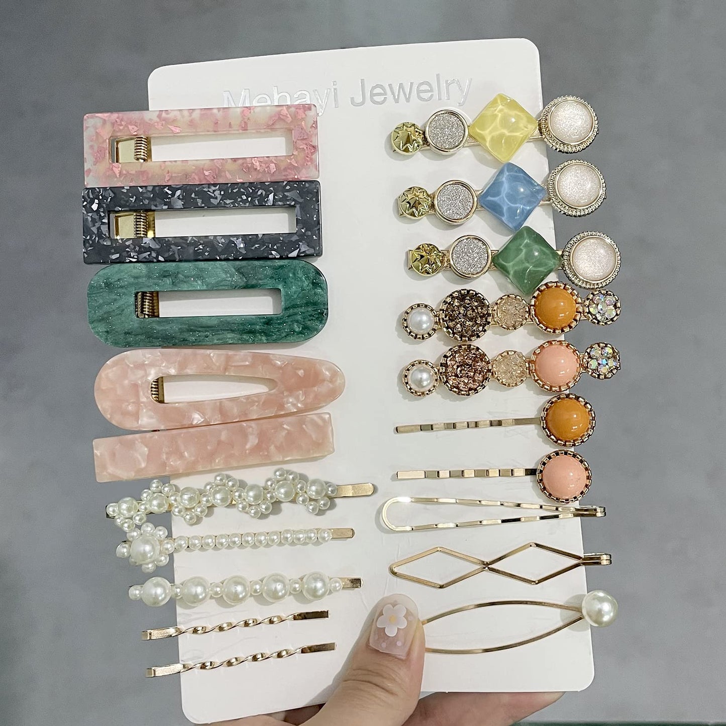 Mehayi 20 PCS Pearls and Acrylic Resin Hair Clips, Handmade Hair Barrettes, Marble Alligator bobby pins, Glitter Crystal Geometric Hairpin, Elegant Beauty & Personal Care Mehayi