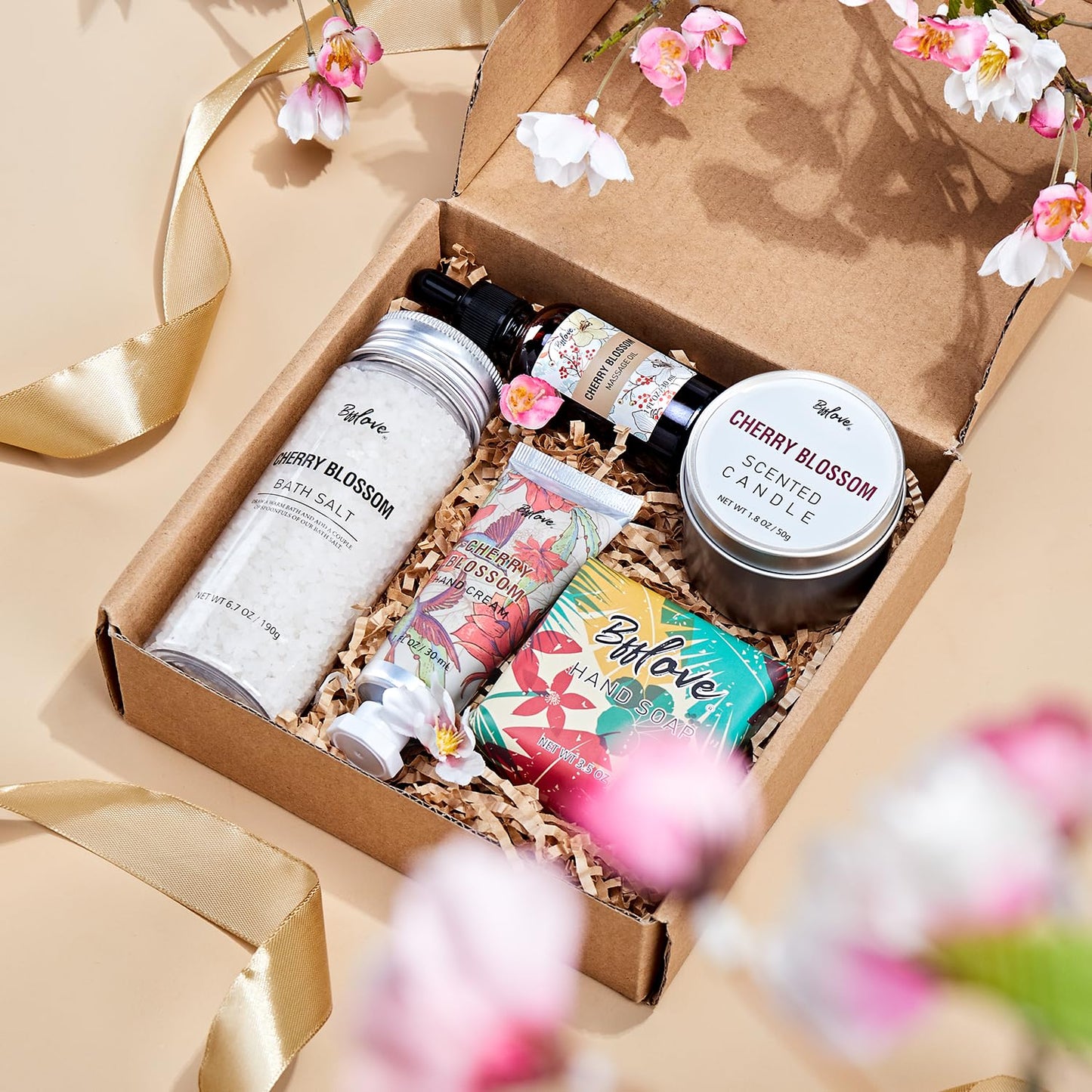 BFFLOVE Gift Set for Women - 5pcs Cherry Blossom Spa Gifts for Women, Birthday, Anniversary, Mother's Day Gifts for Her with Massage Oil, Scented Beauty & Personal Care # BFFLOVE